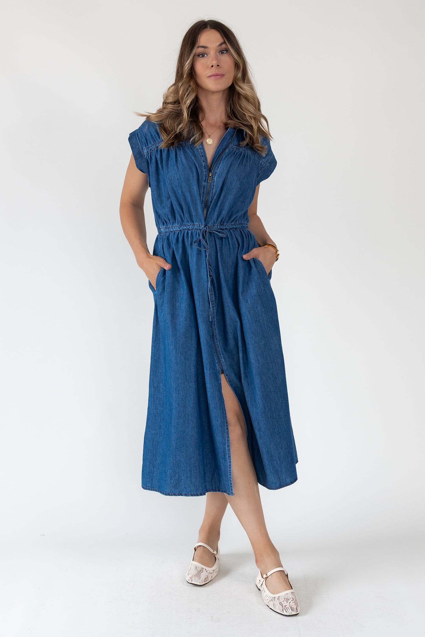 Brielle Zip-Front Denim Midi Dress