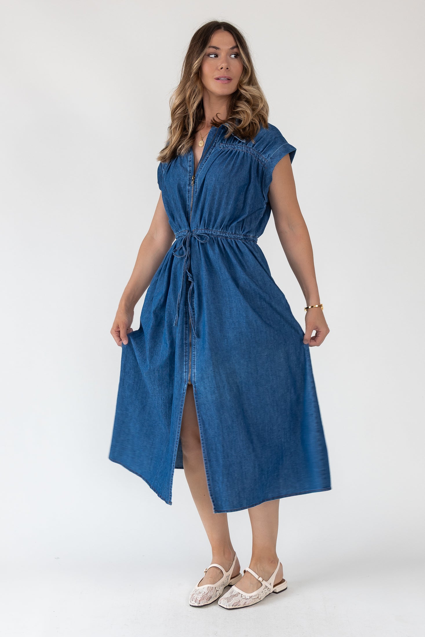 Brielle Zip-Front Denim Midi Dress
