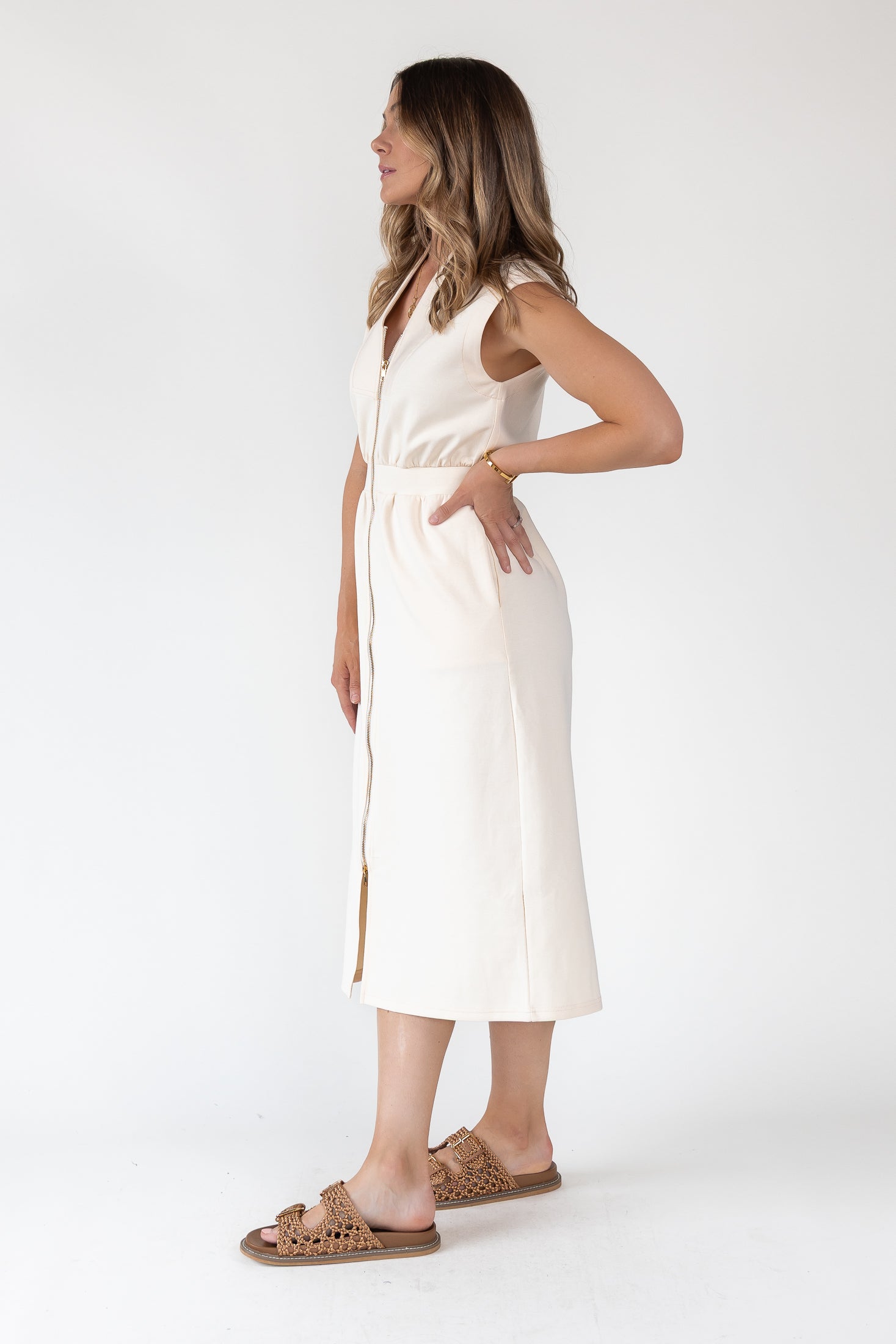 Elle Cream Knit Zip Midi Dress