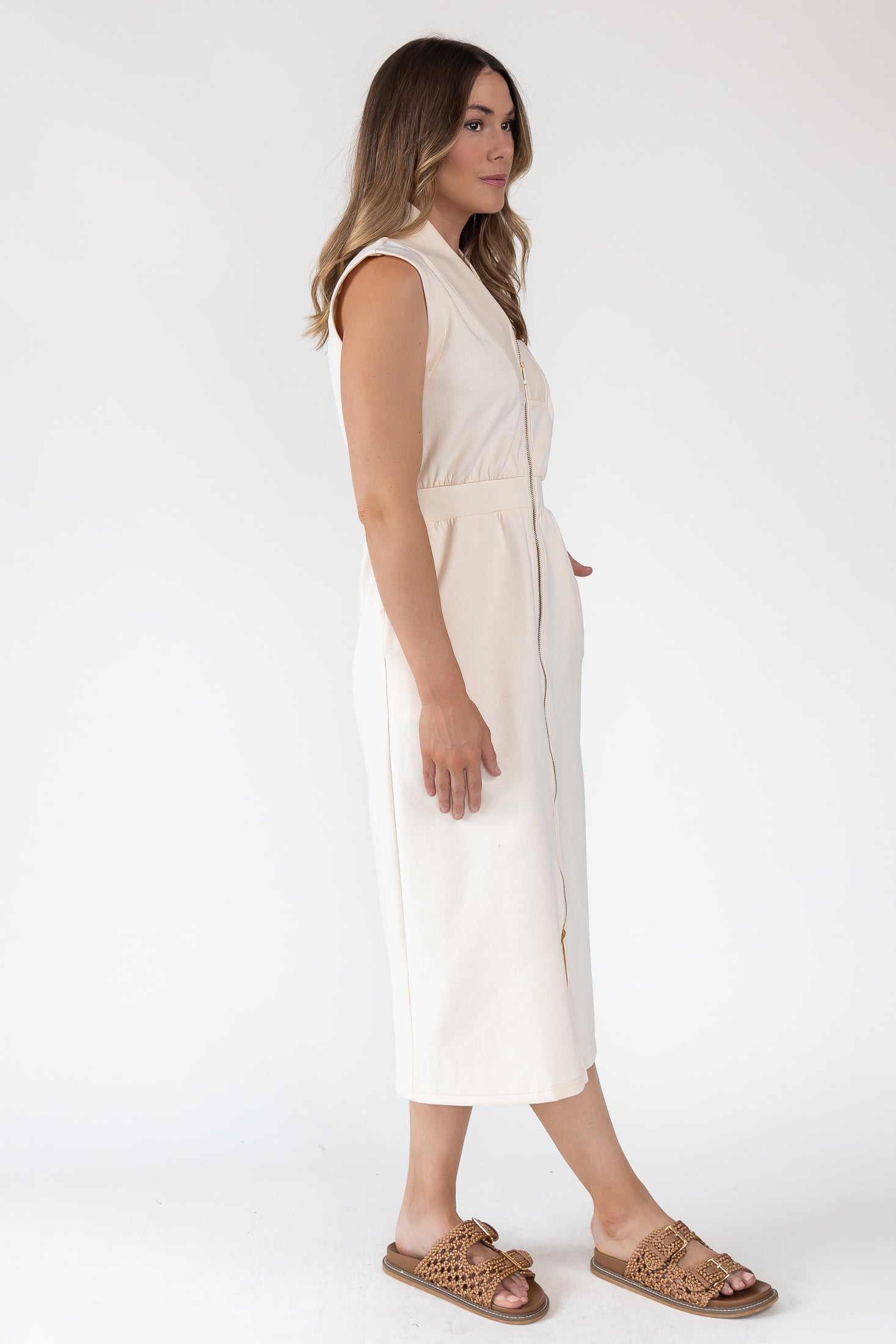 Elle Cream Knit Zip Midi Dress