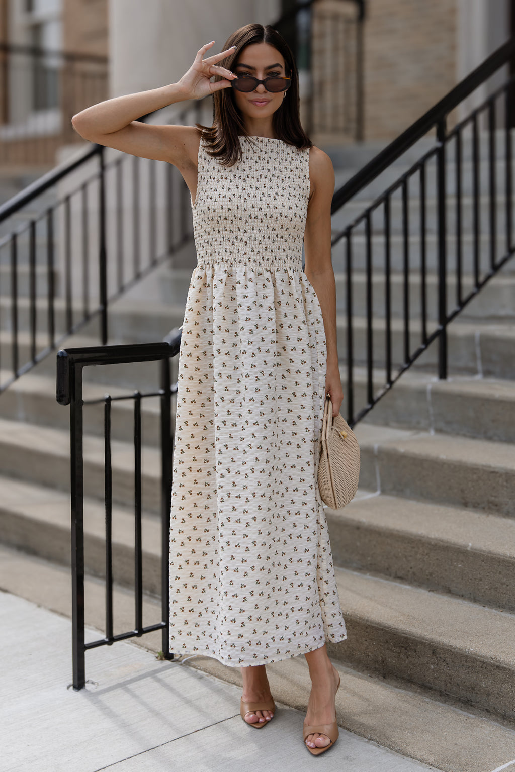 Fable Floral Midi Dress in Cream — Women's Smocked Bodice Midi XL