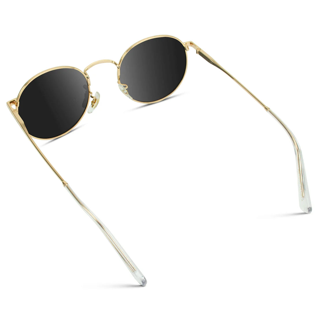 Gold-framed sunglasses with black lenses on a white background