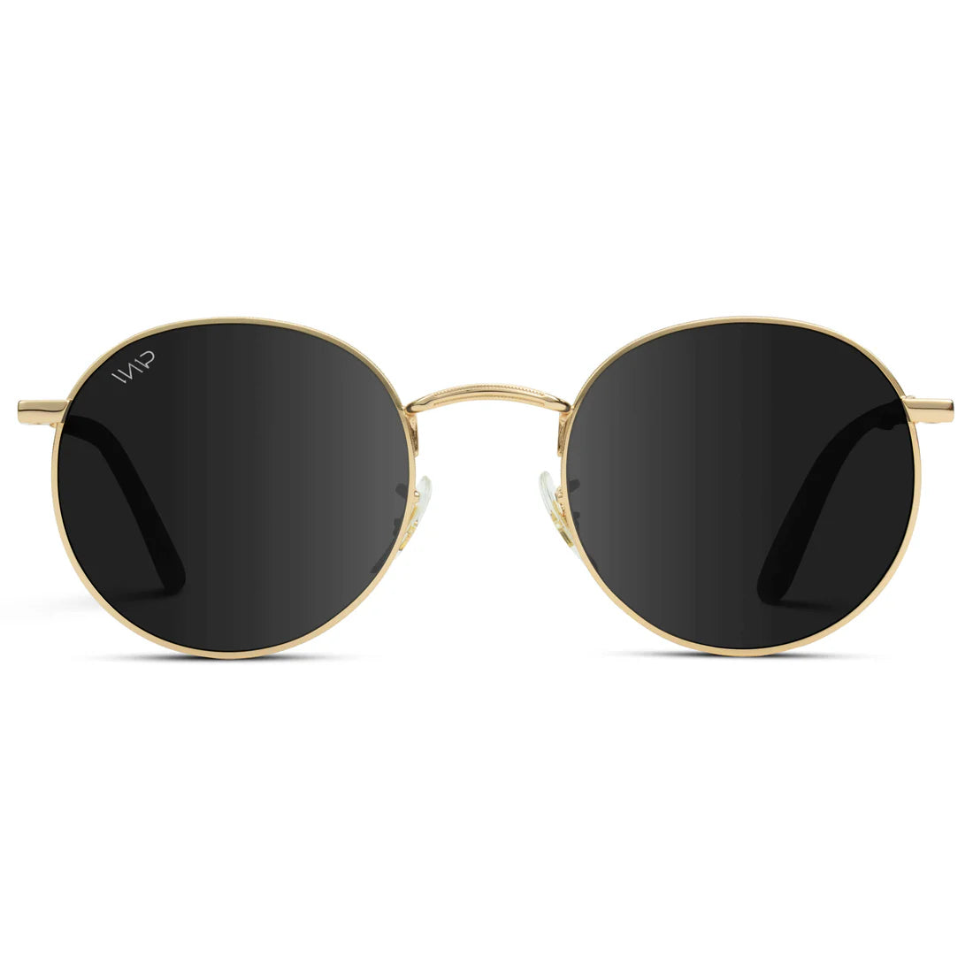 Round sunglasses with gold frame and black lenses on a white background