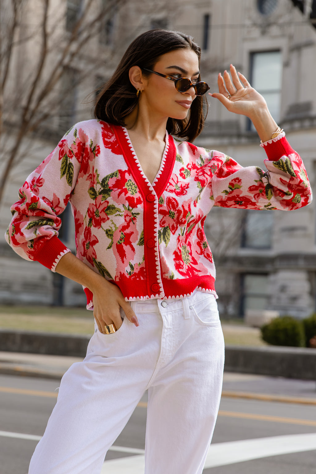 Rosette Sweater – Red Floral Knit Cardigan | JO+CO
