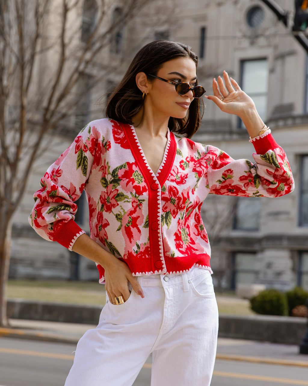 Rosette Sweater – Red Floral Knit Cardigan | JO+CO