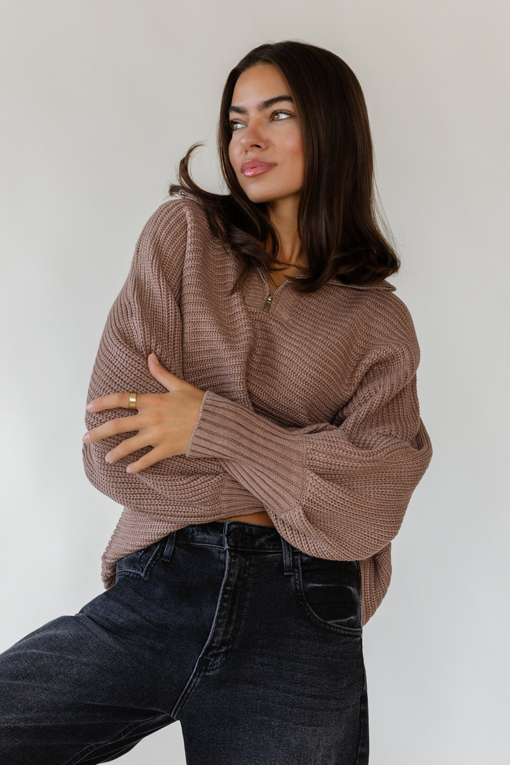 Greyson Sweater — Women's Mocha Half Zip Knit – JO+CO