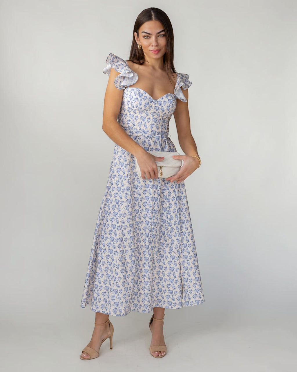 floral corset maxi dress Celine Blue Striped  Ella Lisqu very fitted at natural waist Ivory Floral Ruffle Corset Maxi