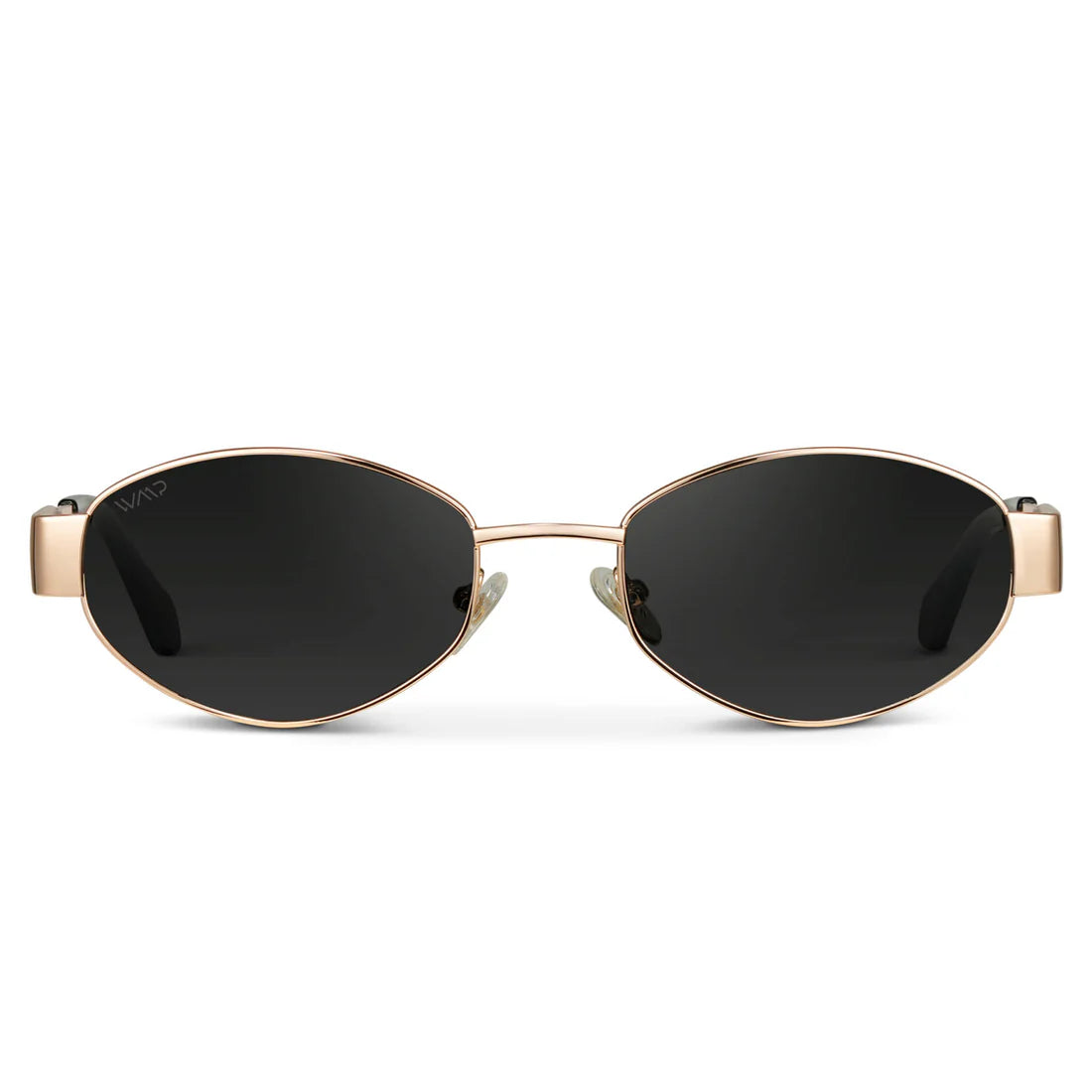 Gold-framed sunglasses with black lenses on a white background