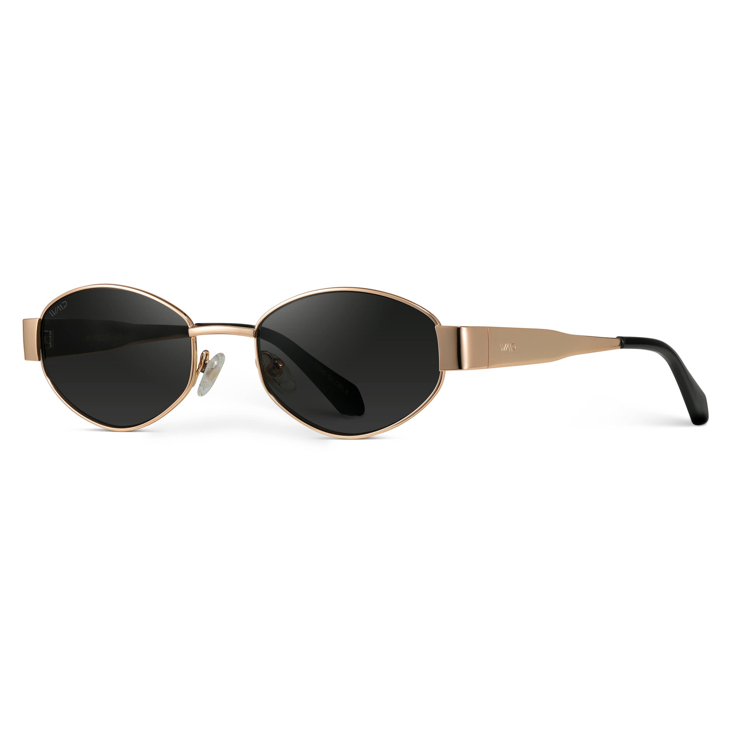Sunglasses with gold frame and black lenses on a white background