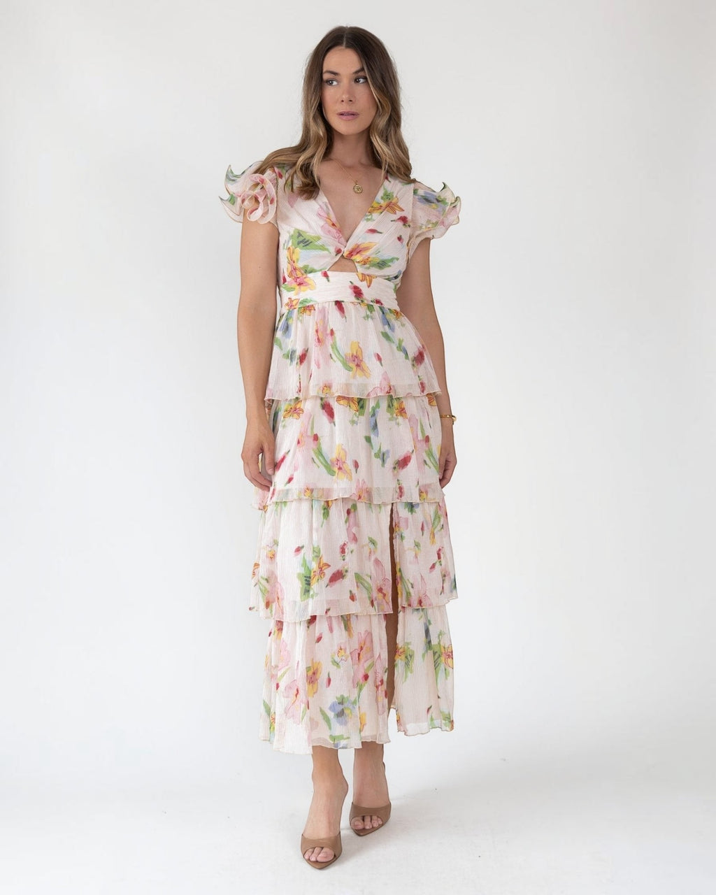 astr the label floral chiffon tiered maxi dress Floral Chiffon Tiered Maxi Dress (Women)