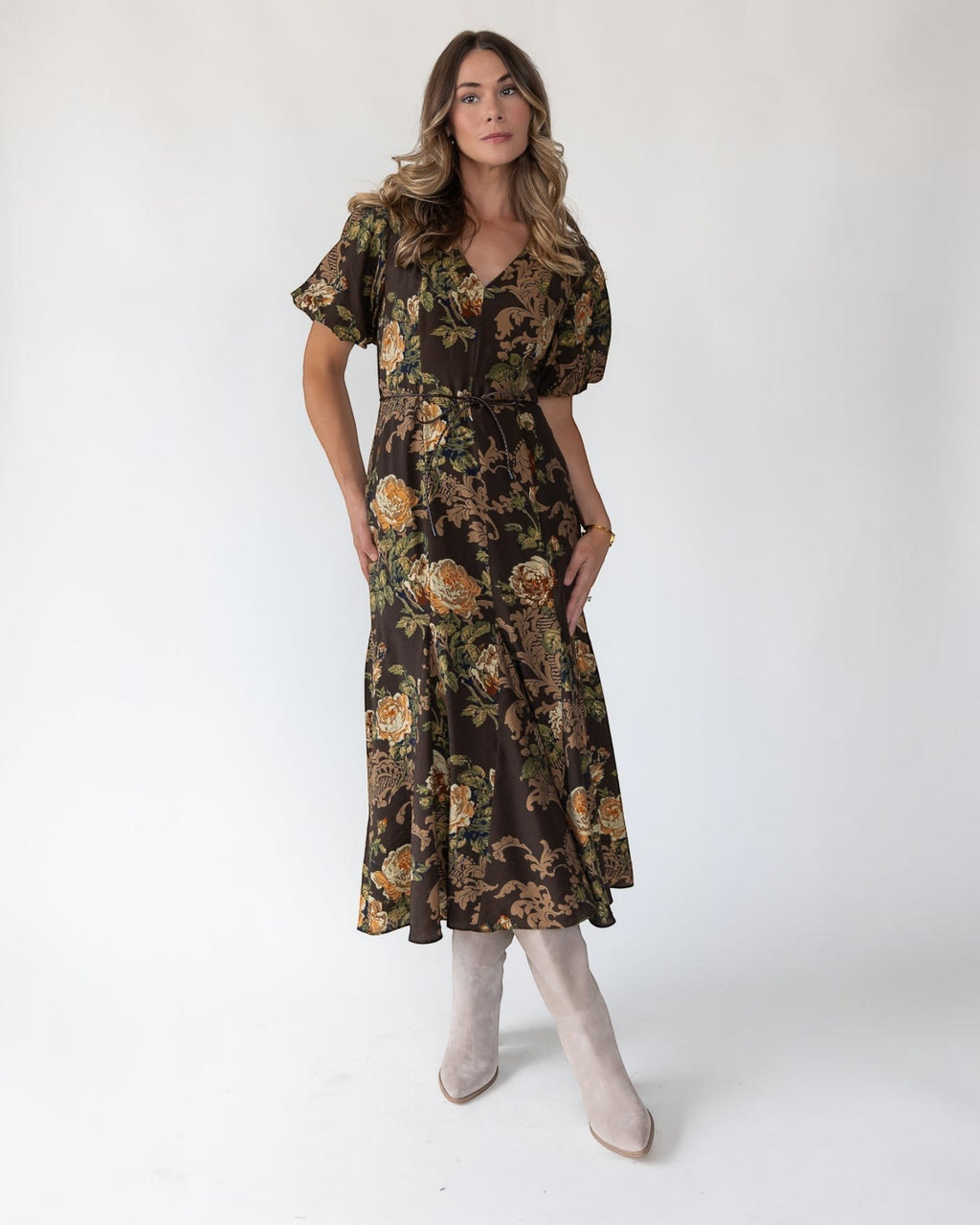 floral long sleeve midi dress astr the label ASTR the Label Athena Midi Dress in Black & Red Multi Floral