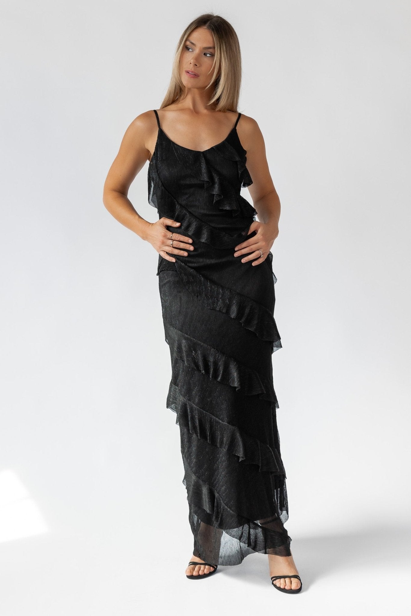 Caelyn Black Metallic Ruffle Maxi Dress - Final Sale - JO+CO