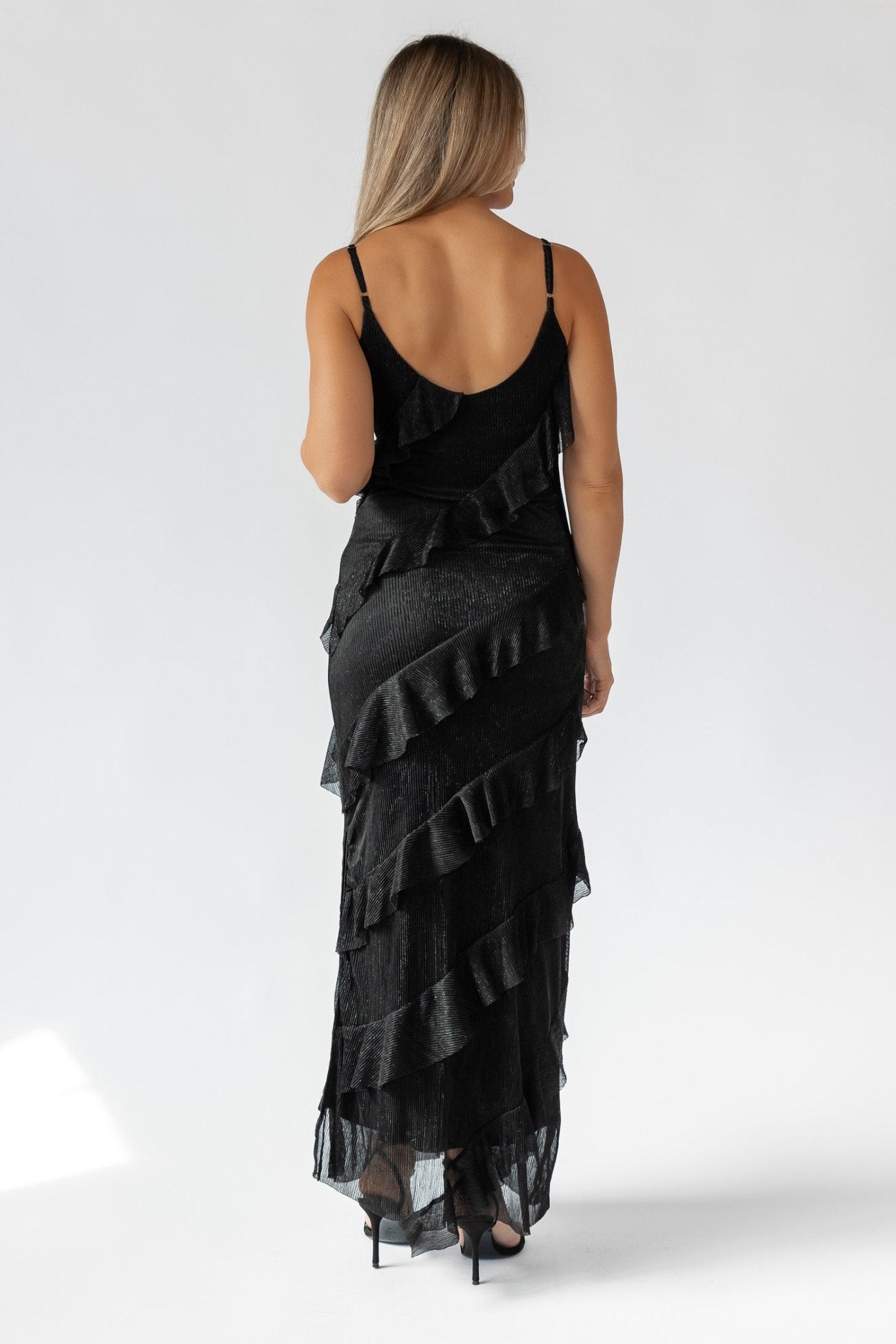Caelyn Black Metallic Ruffle Maxi Dress - Final Sale - JO+CO