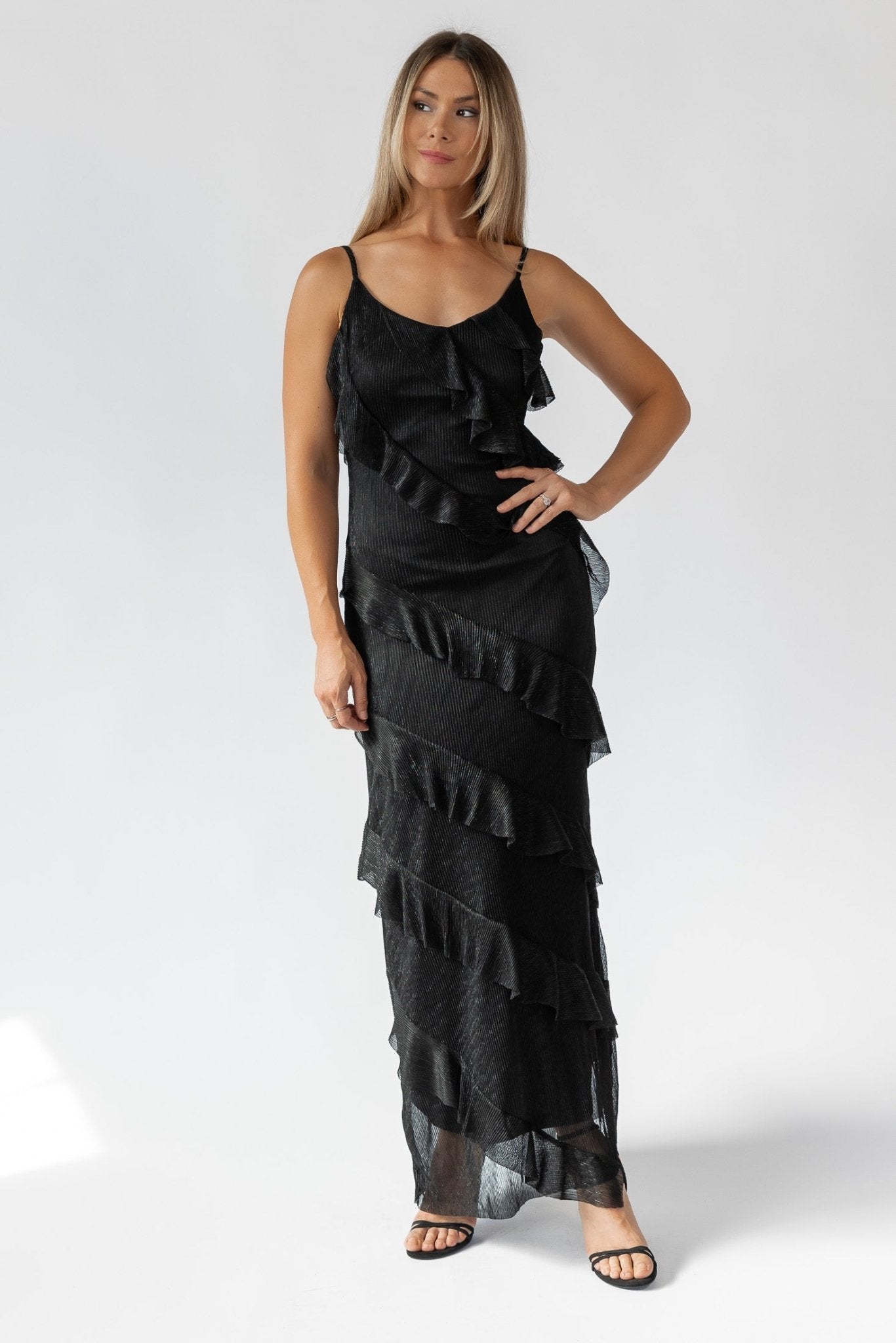 Caelyn Black Metallic Ruffle Maxi Dress - Final Sale - JO+CO