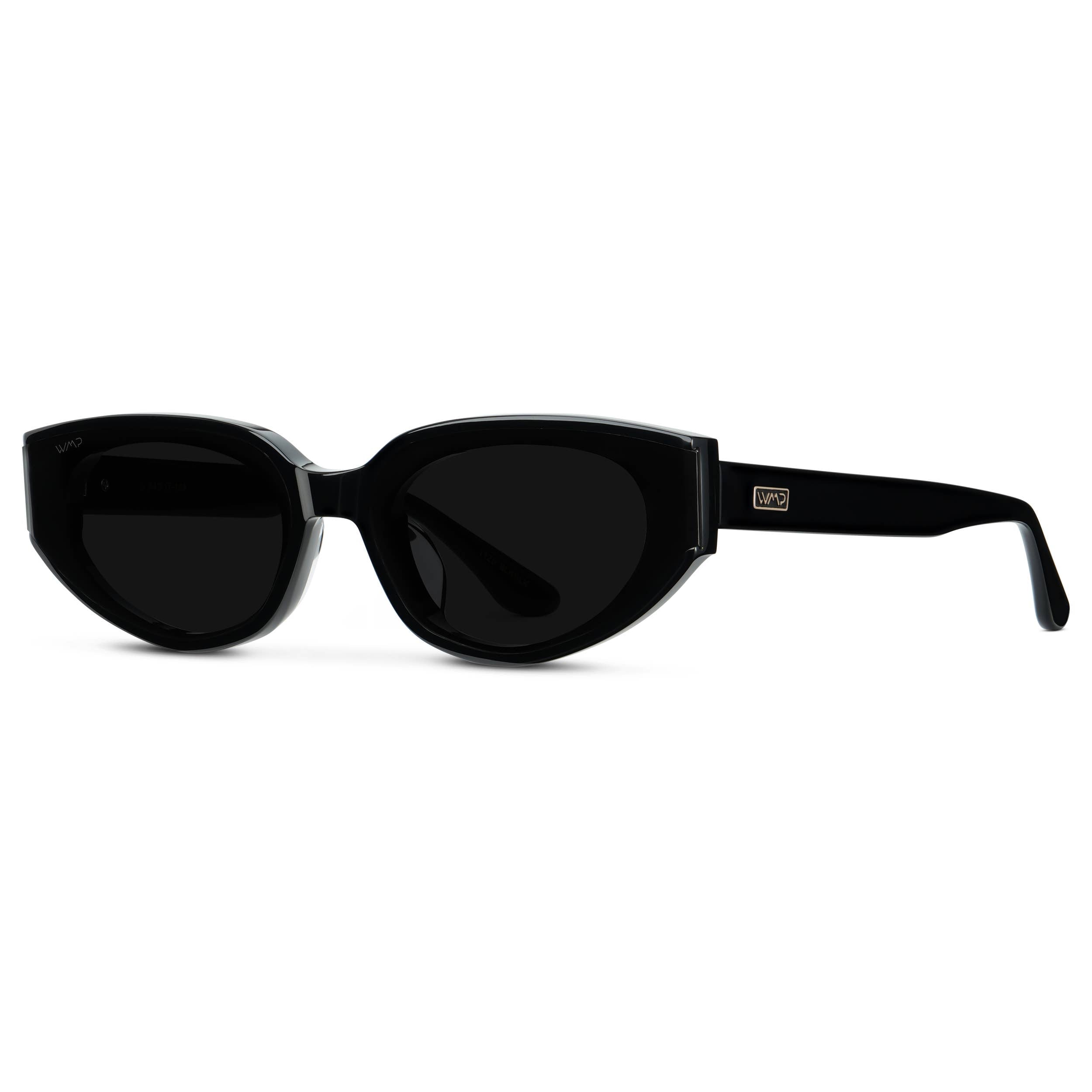 Black sunglasses with a brand logo on a white background