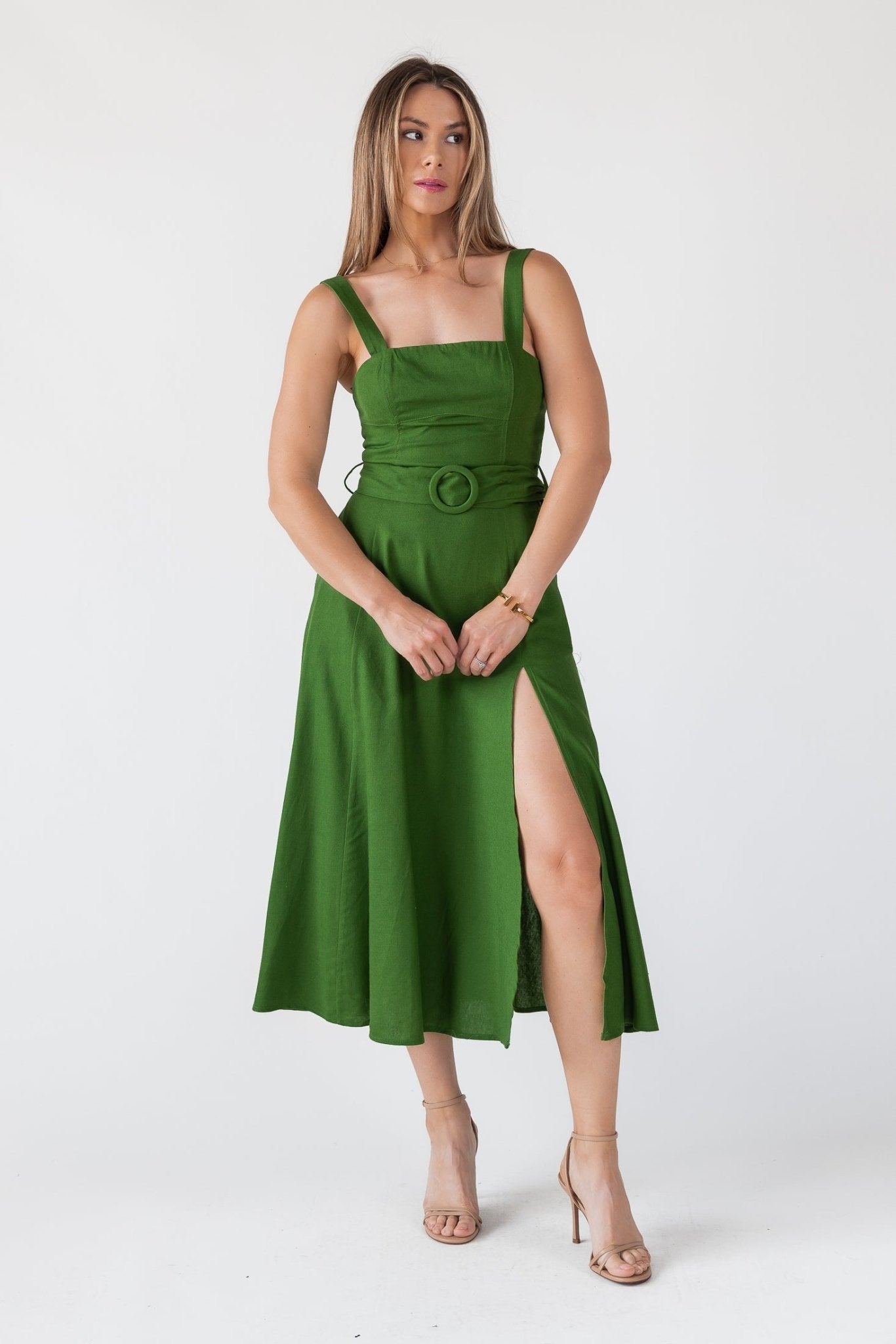 Green Linen Belted Midi Dress - Final Sale - JO+CO