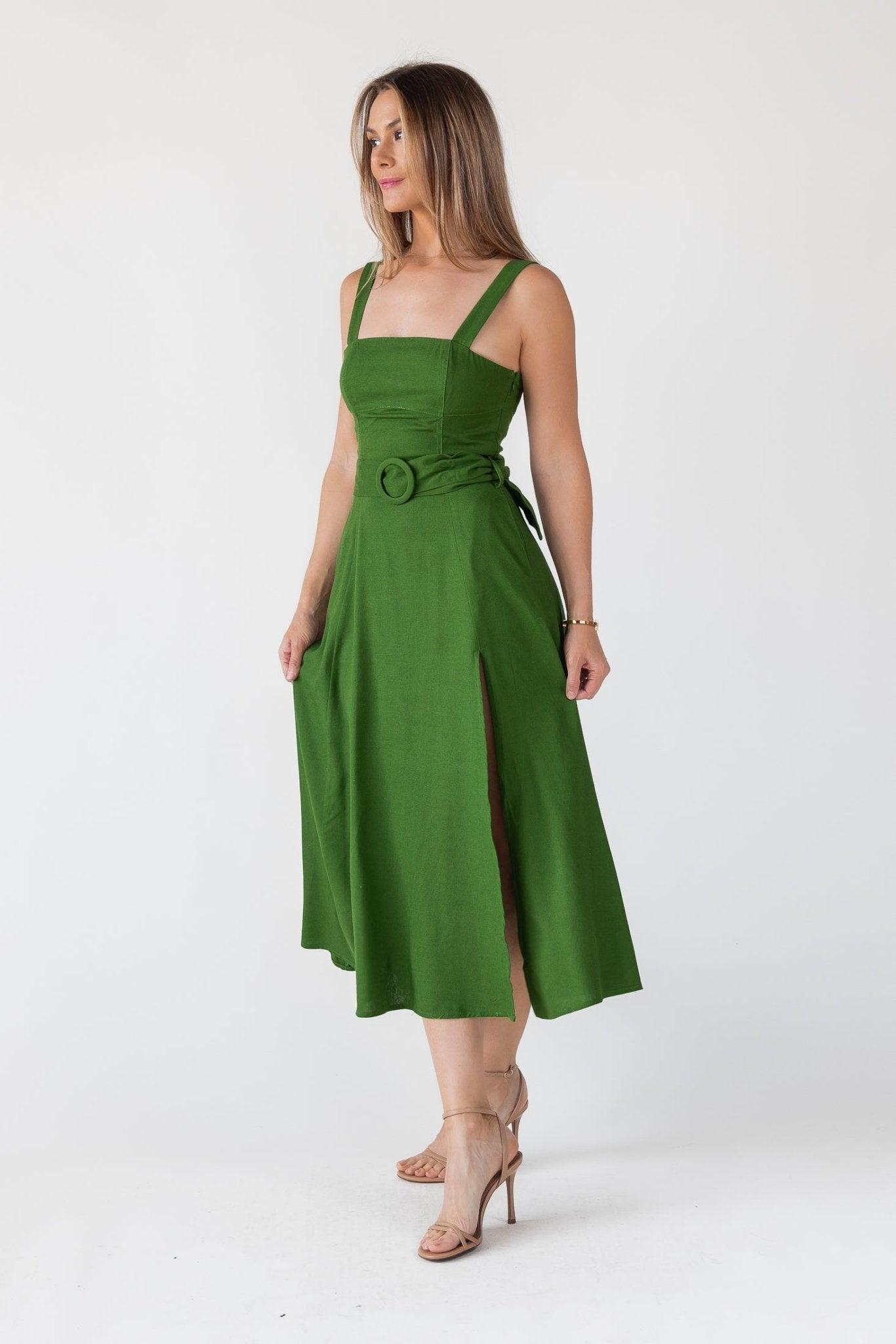 Green Linen Belted Midi Dress - Final Sale - JO+CO