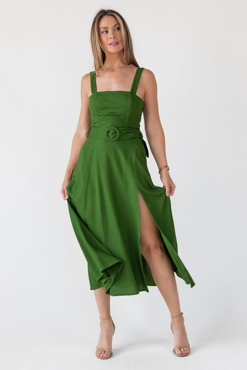 Green Linen Belted Midi Dress – JO+CO