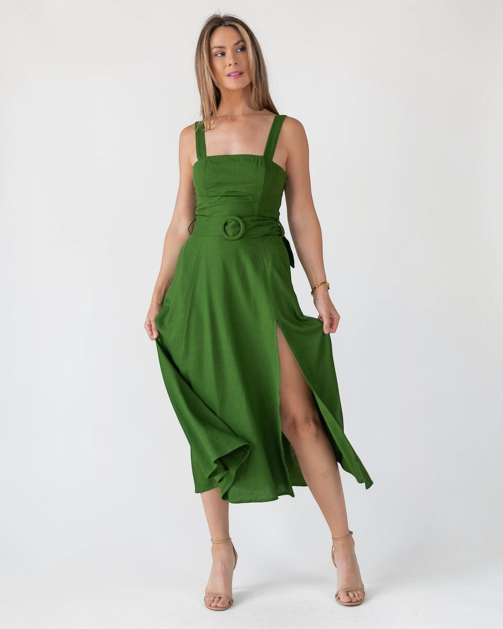 Green Linen Belted Midi Dress