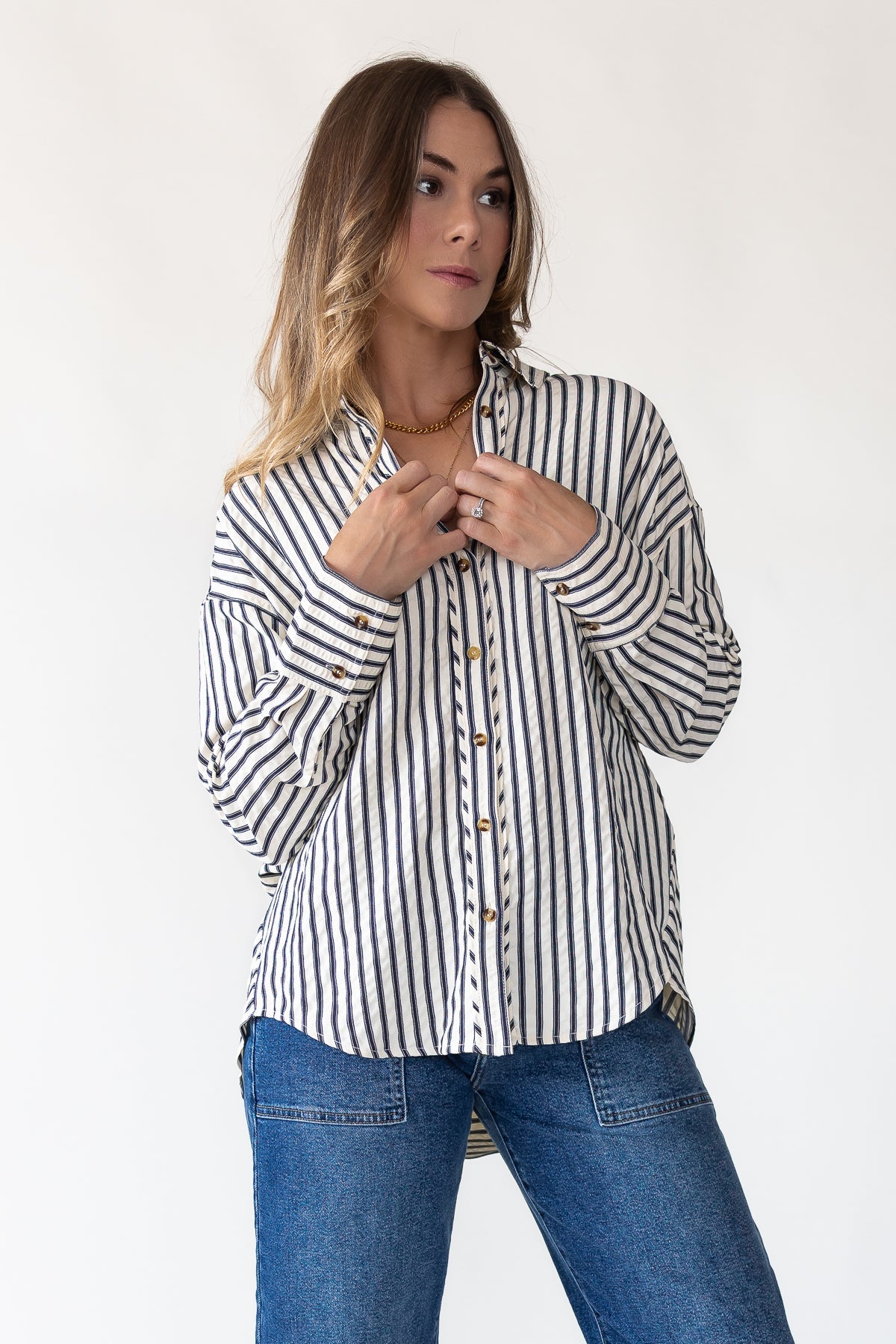 Harlow Navy Textured Stripe Top - JO+CO