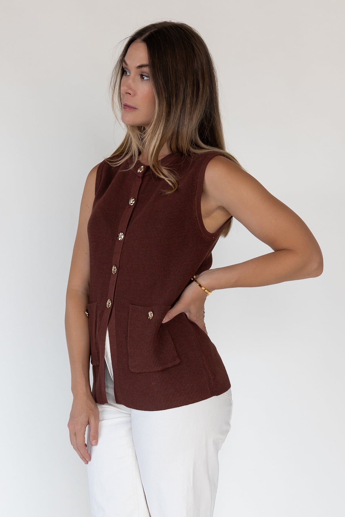 Margot Brown Knit Button Vest - Final Sale - JO+CO