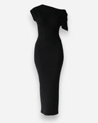 Black one-shoulder dress on a white background