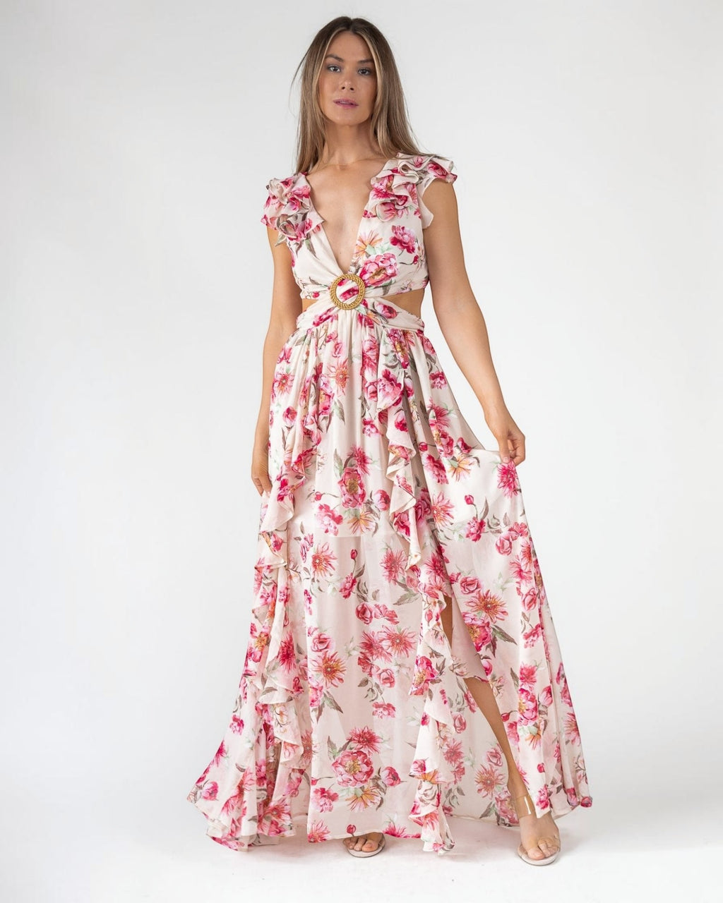 pink flower maxi dress Cutout Frilly Maxi Dress