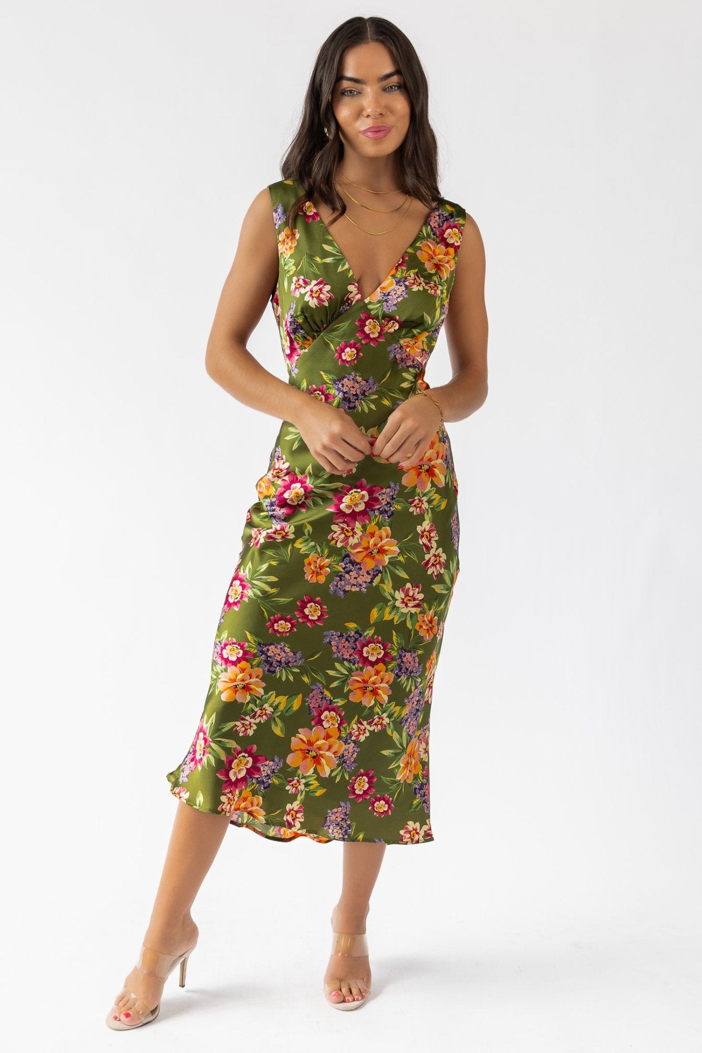 Sage Floral V - Neck Midi Dress - Final Sale - JO+CO