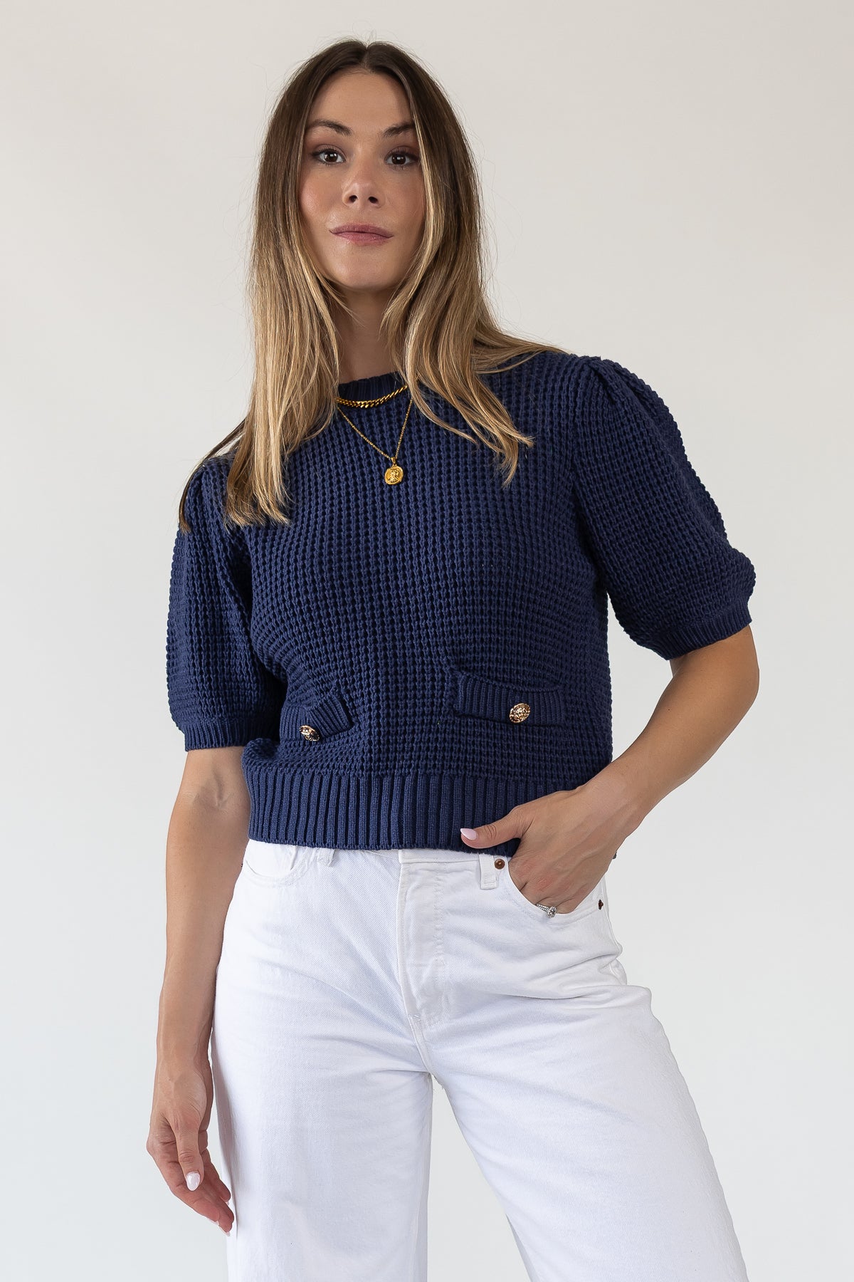 Simone Navy Waffle Knit Sweater - Final Sale - JO+CO