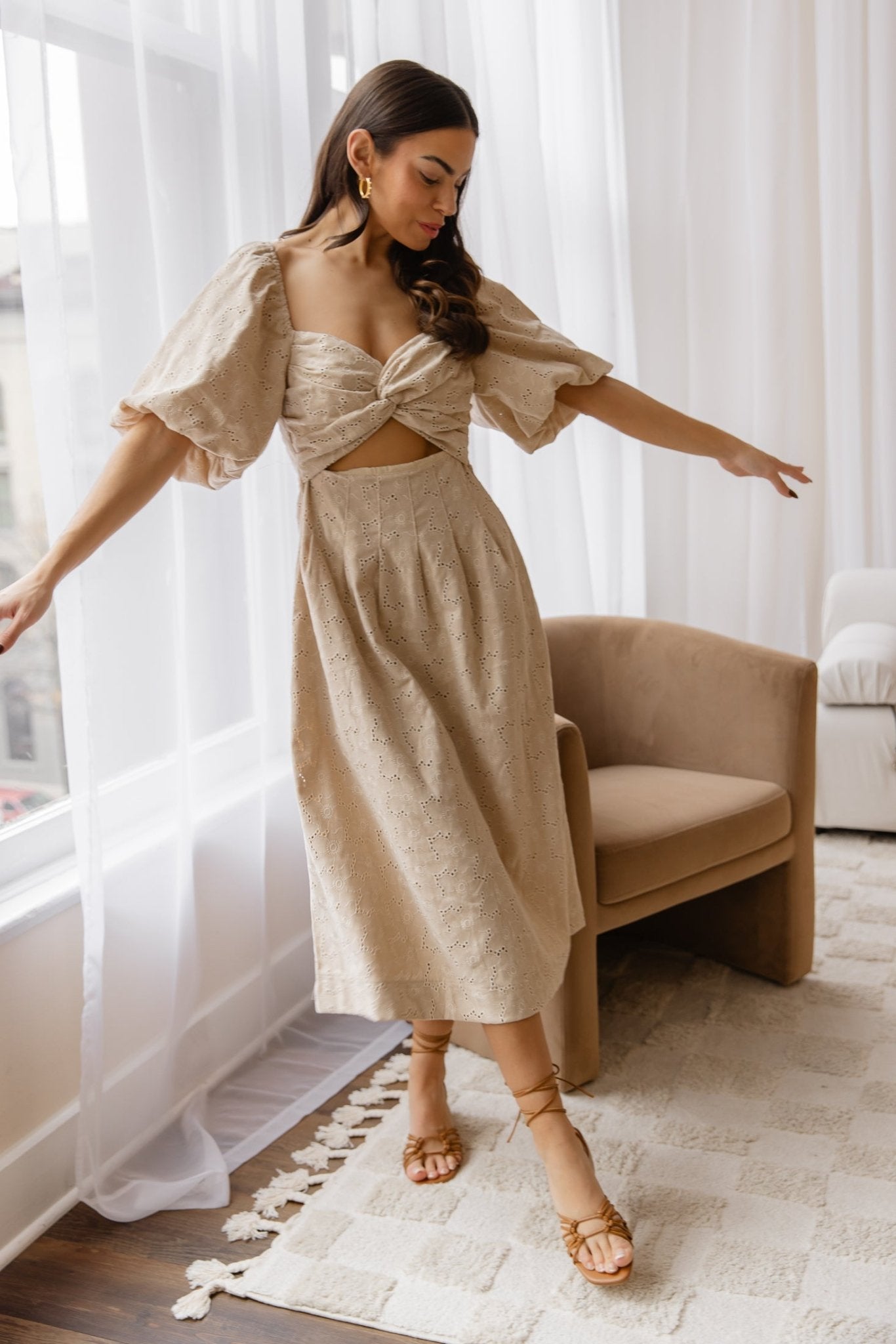 Skye Natural Knotted Embroidered Dress - Final Sale - JO+CO