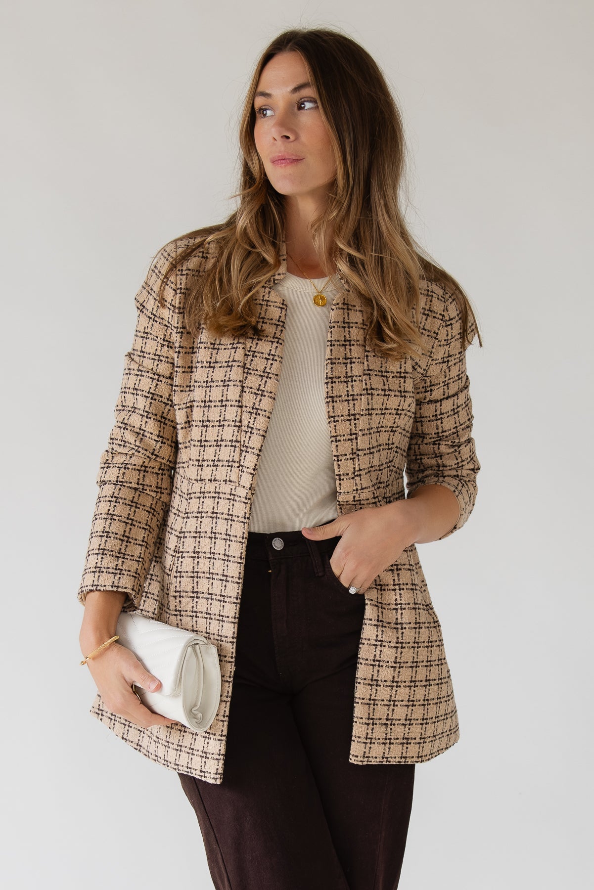 Sutton Grid Blazer — Camel Plaid - JO+CO
