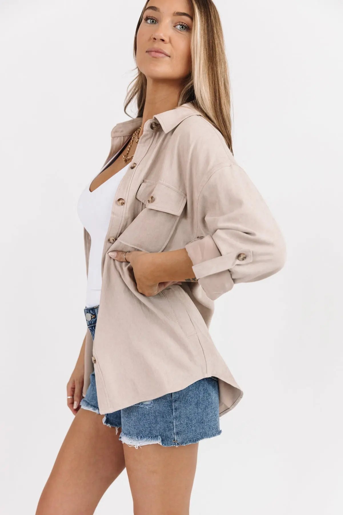 Arden Beige Faux Suede Button Down - FINAL SALE - JO+CO