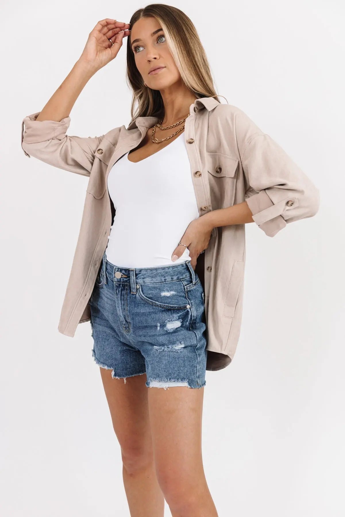 Arden Beige Faux Suede Button Down - FINAL SALE - JO+CO