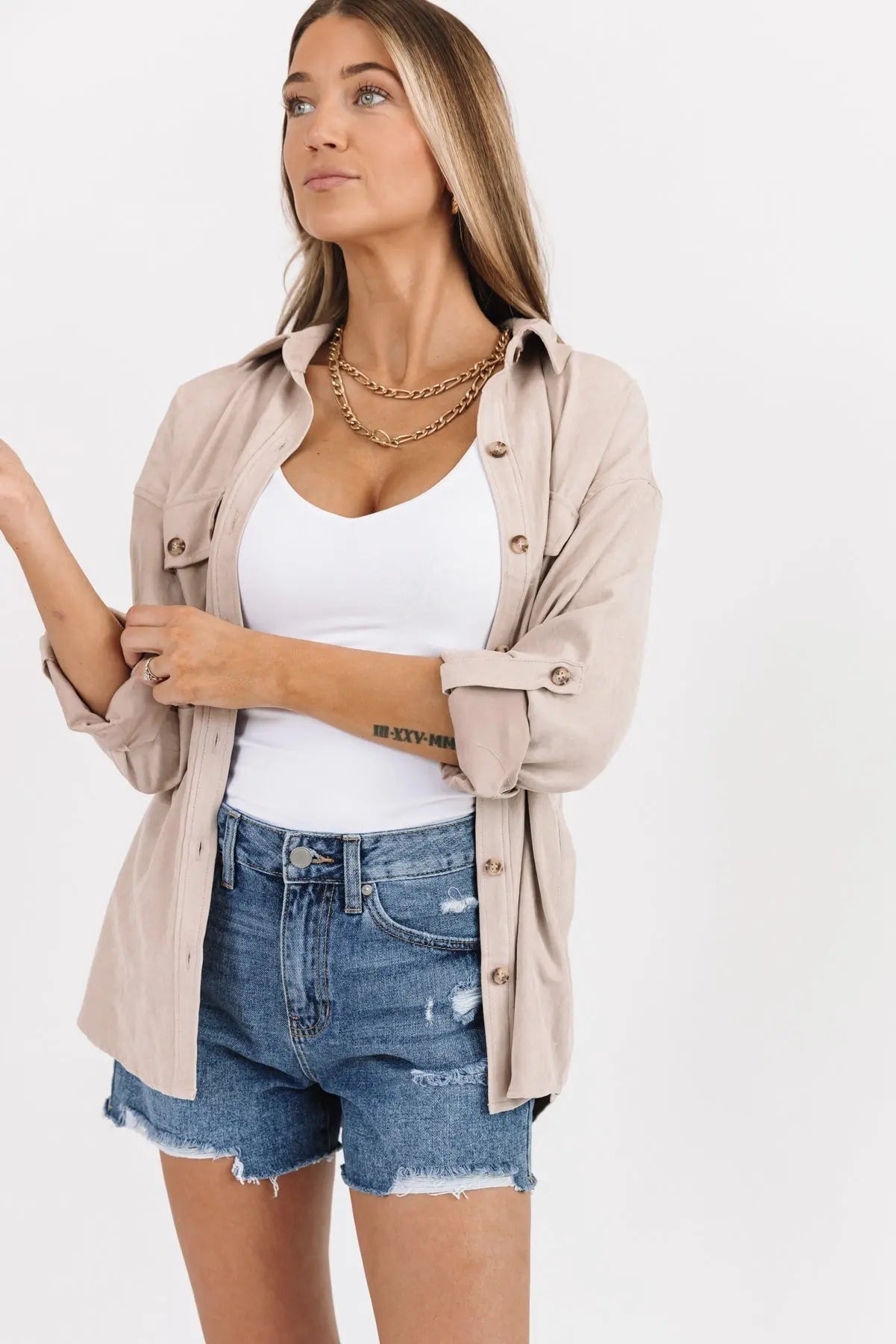 Arden Beige Faux Suede Button Down - FINAL SALE - JO+CO