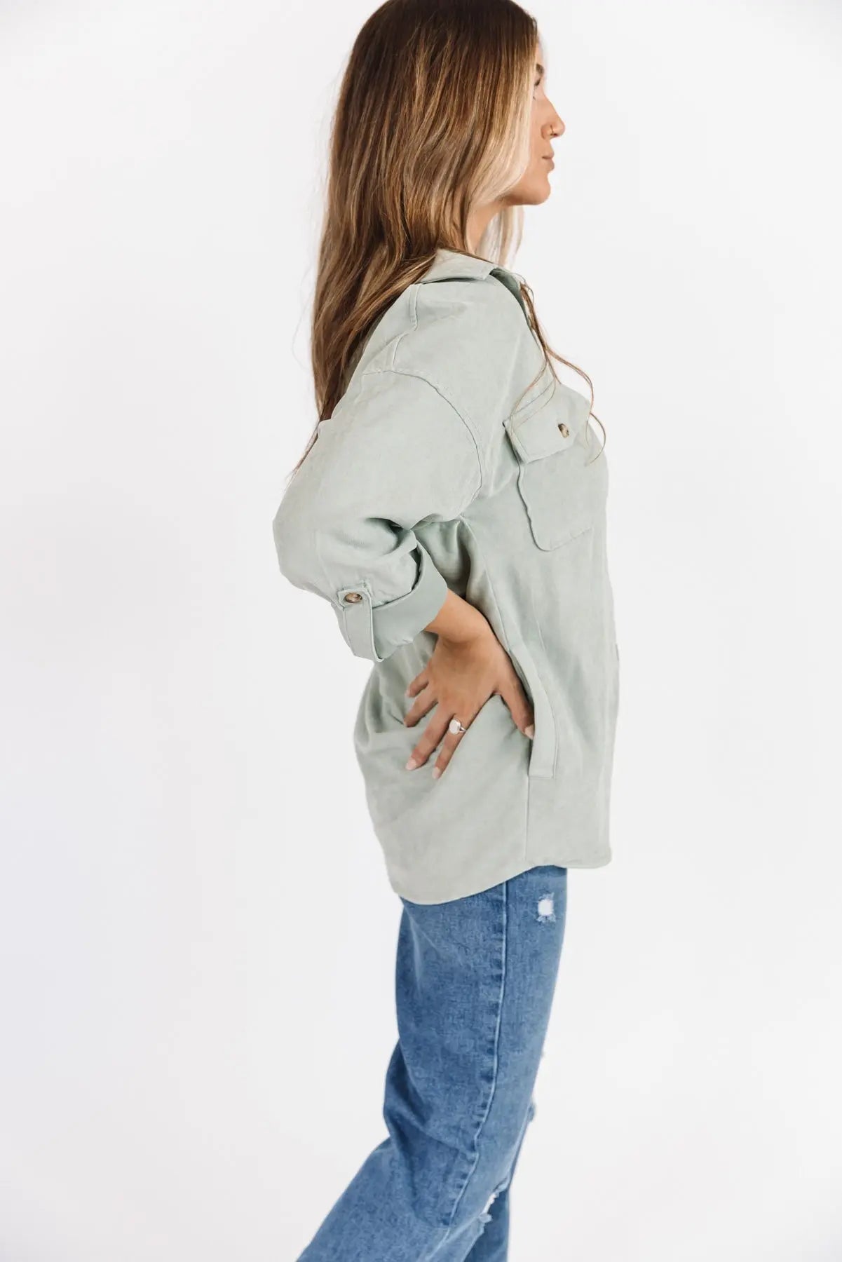 Arden Sage Faux Suede Button Down - JO+CO