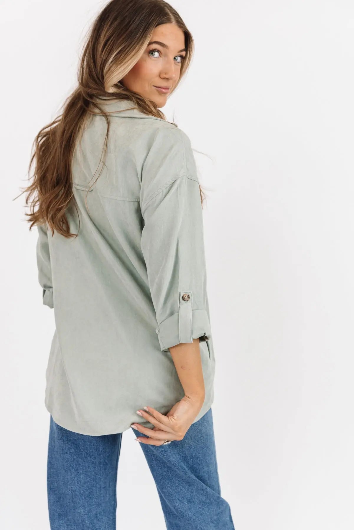 Arden Sage Faux Suede Button Down - JO+CO