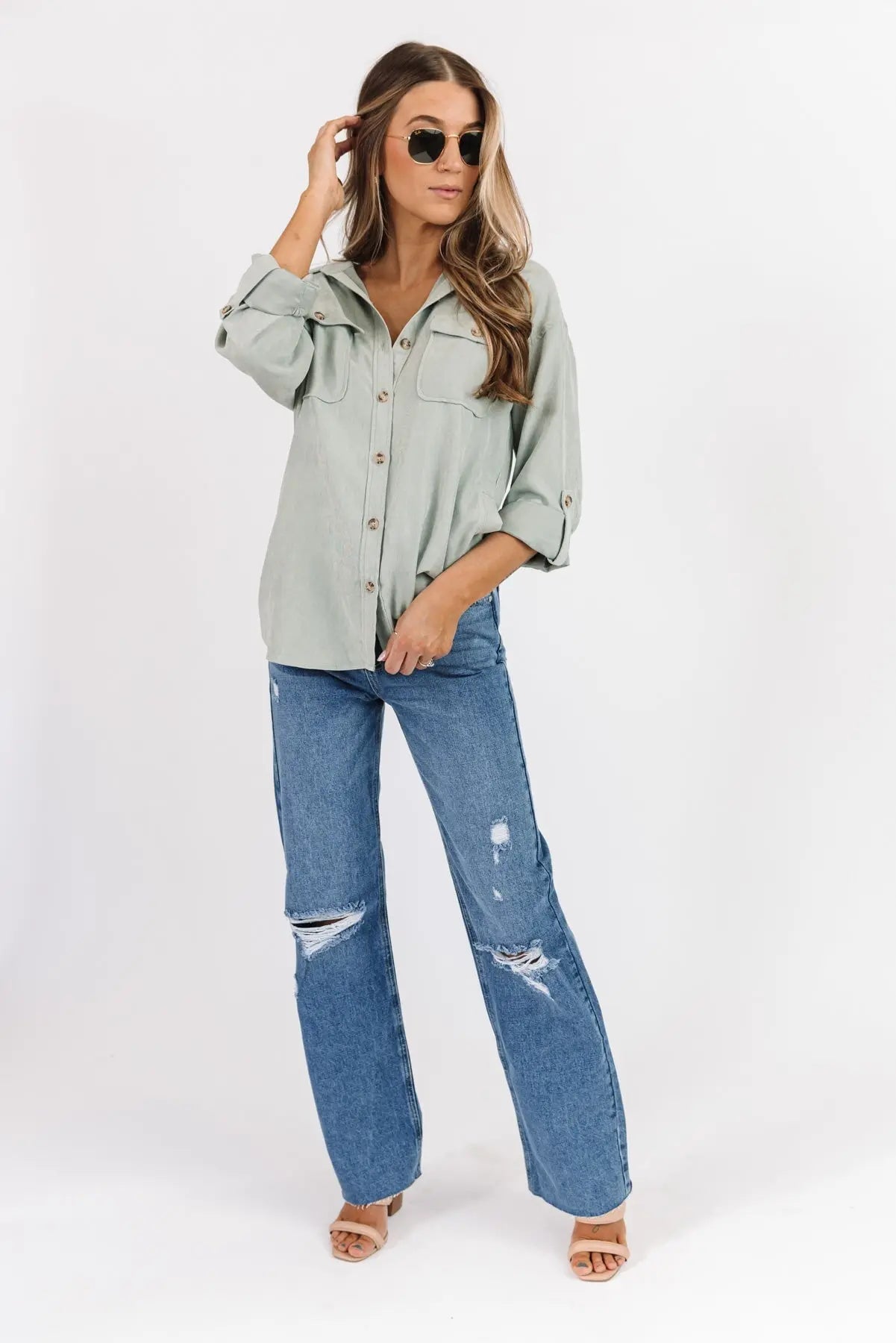 Arden Sage Faux Suede Button Down - JO+CO