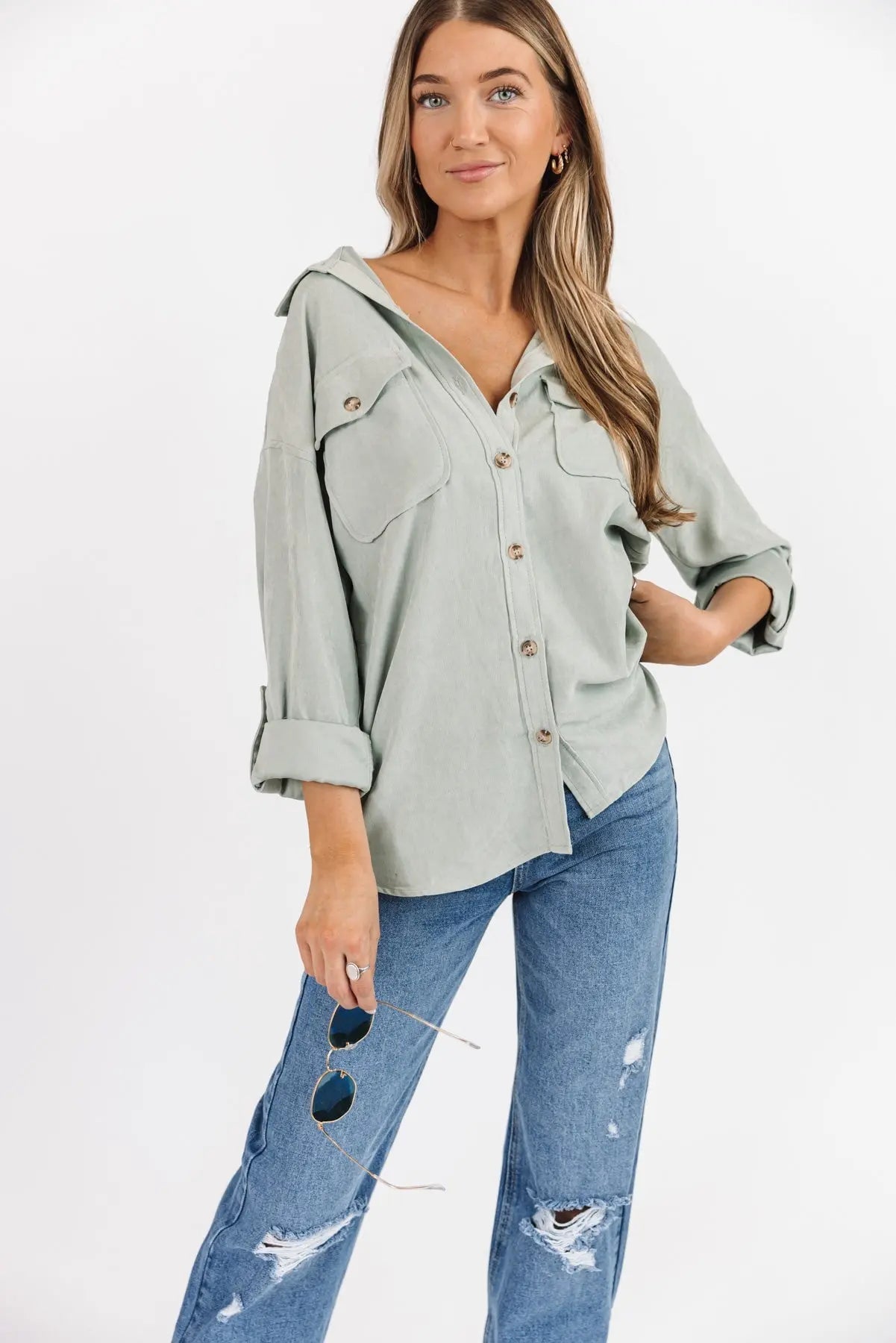 Arden Sage Faux Suede Button Down - JO+CO
