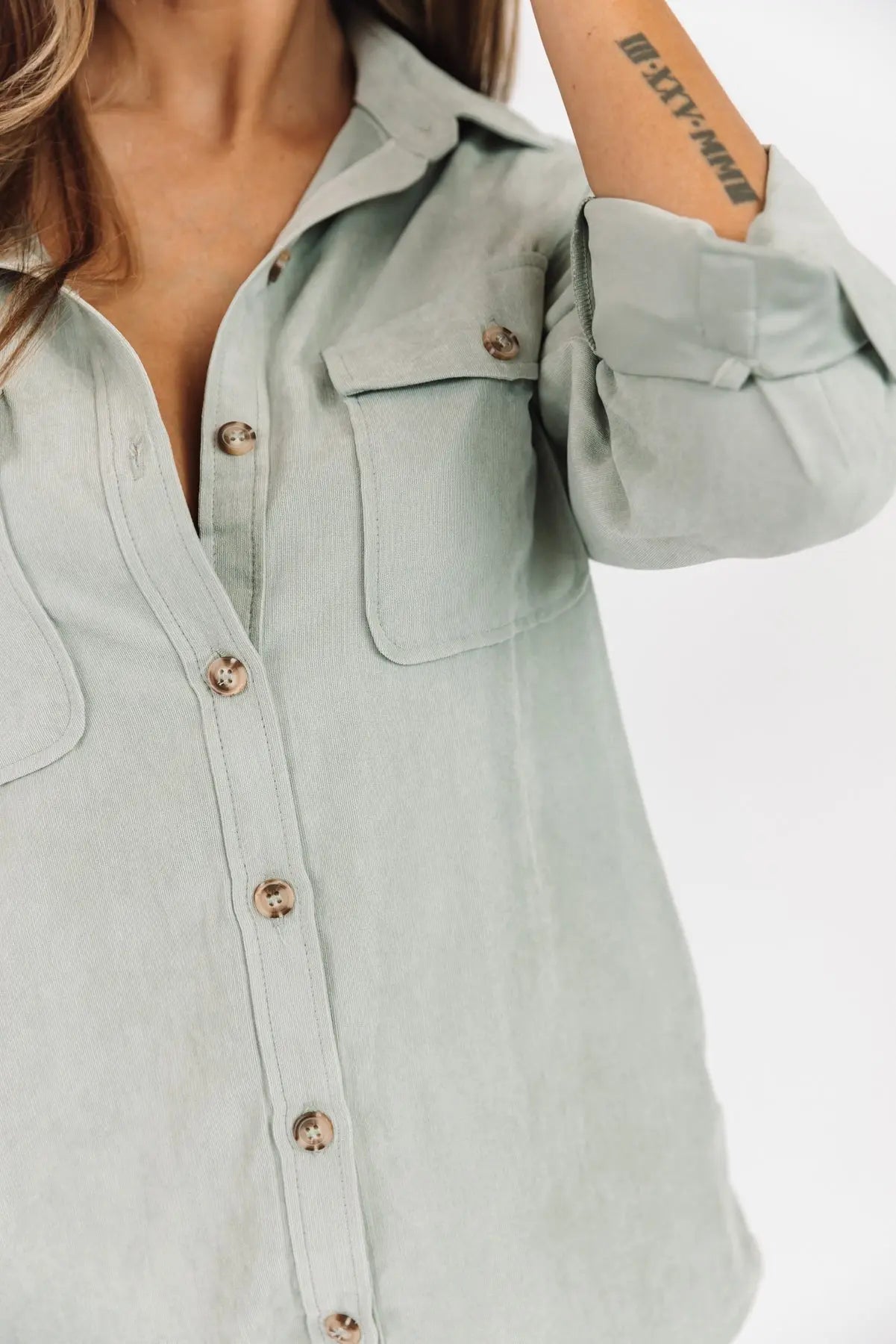 Arden Sage Faux Suede Button Down - JO+CO