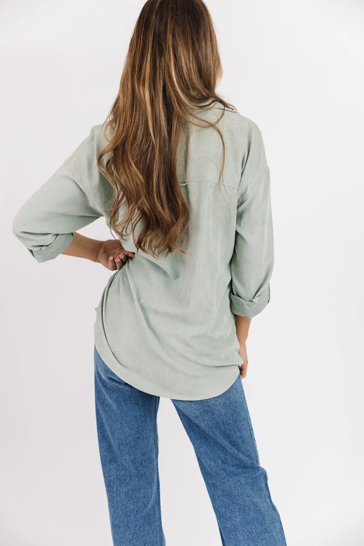 Arden Sage Faux Suede Button Down - JO+CO