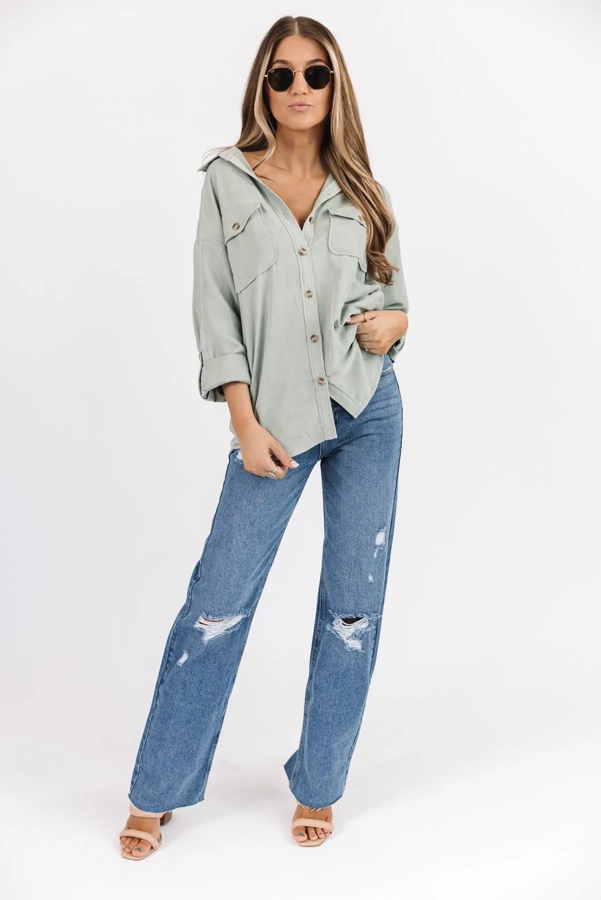 Arden Sage Faux Suede Button Down - JO+CO