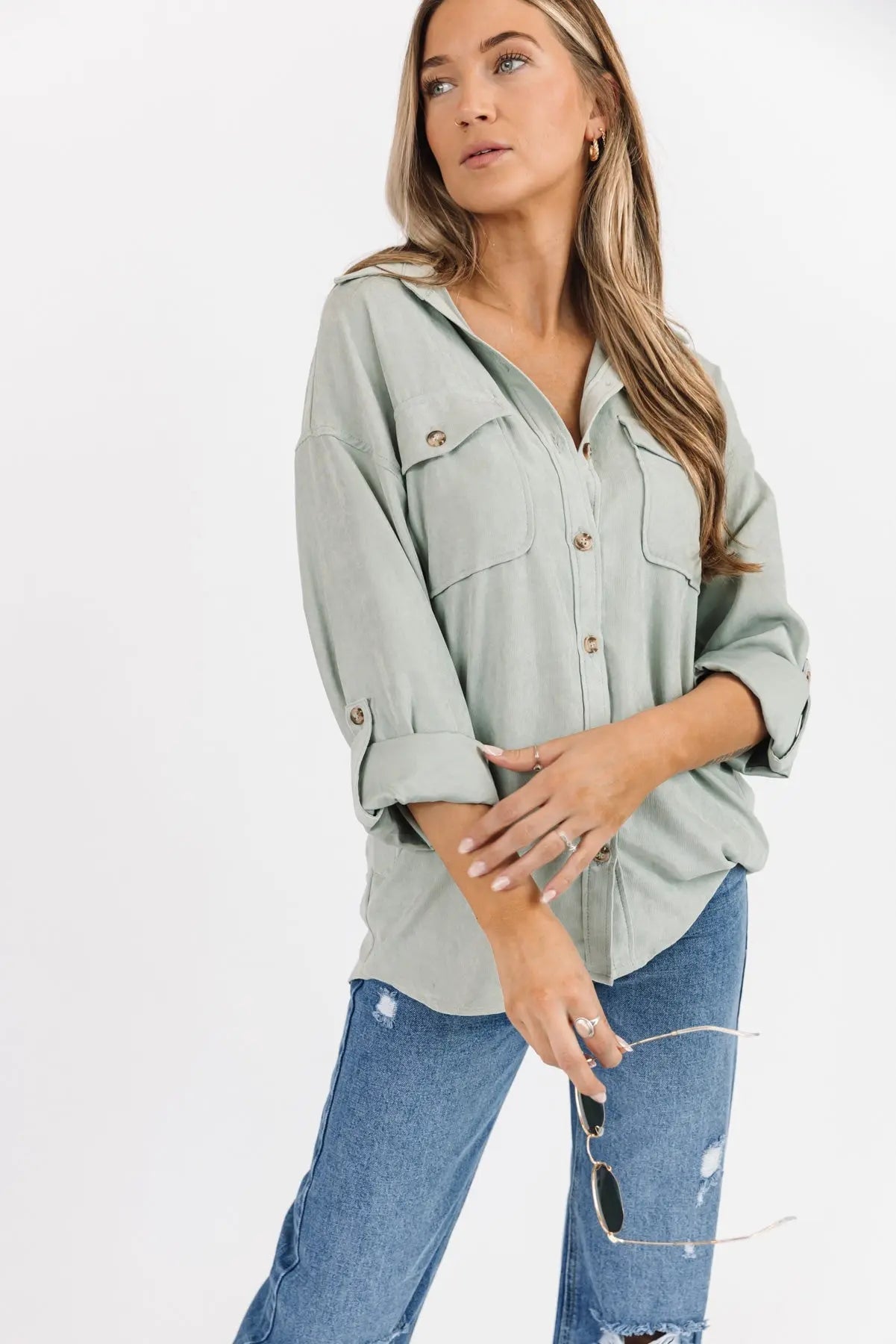Arden Sage Faux Suede Button Down - JO+CO