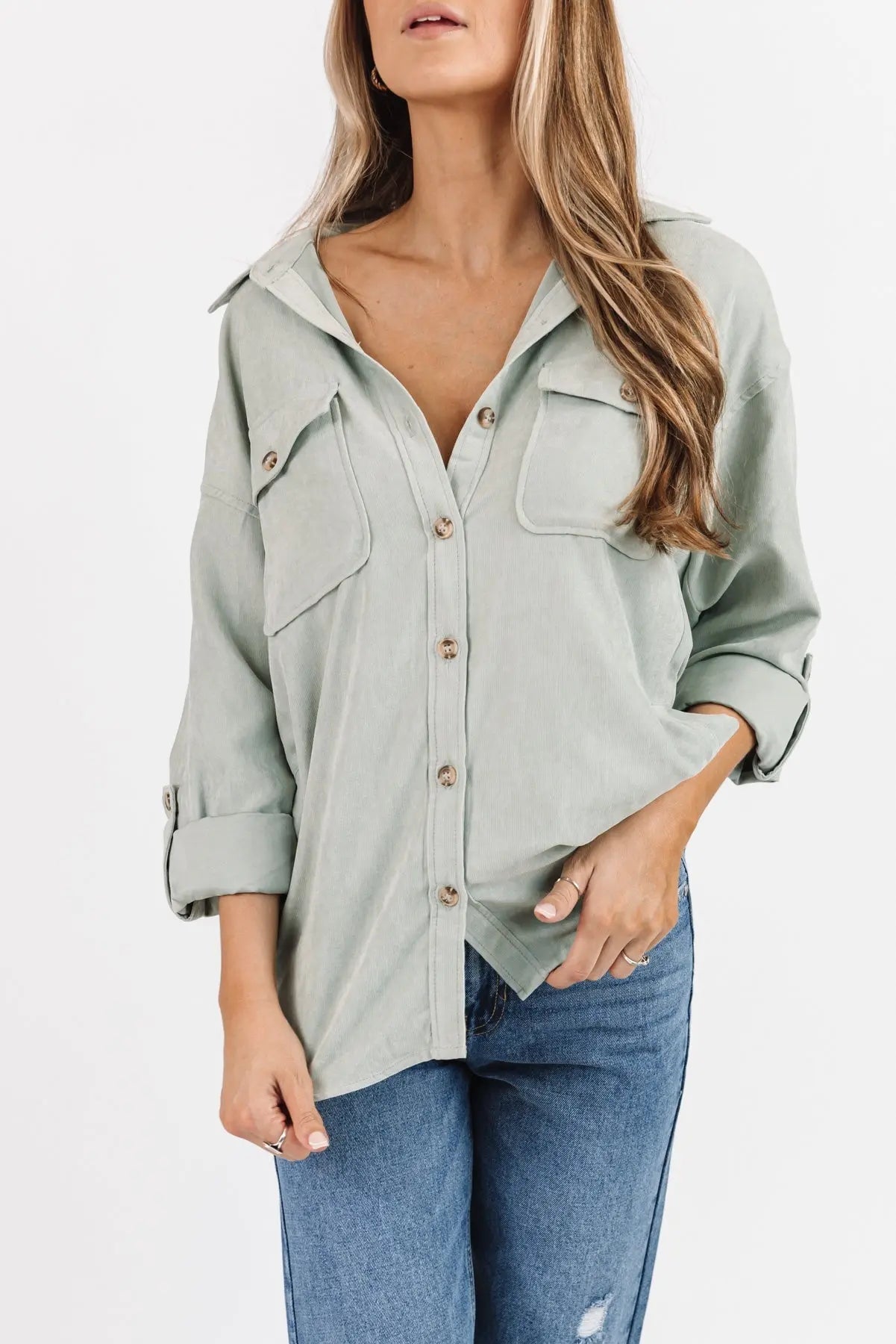 Arden Sage Faux Suede Button Down - JO+CO