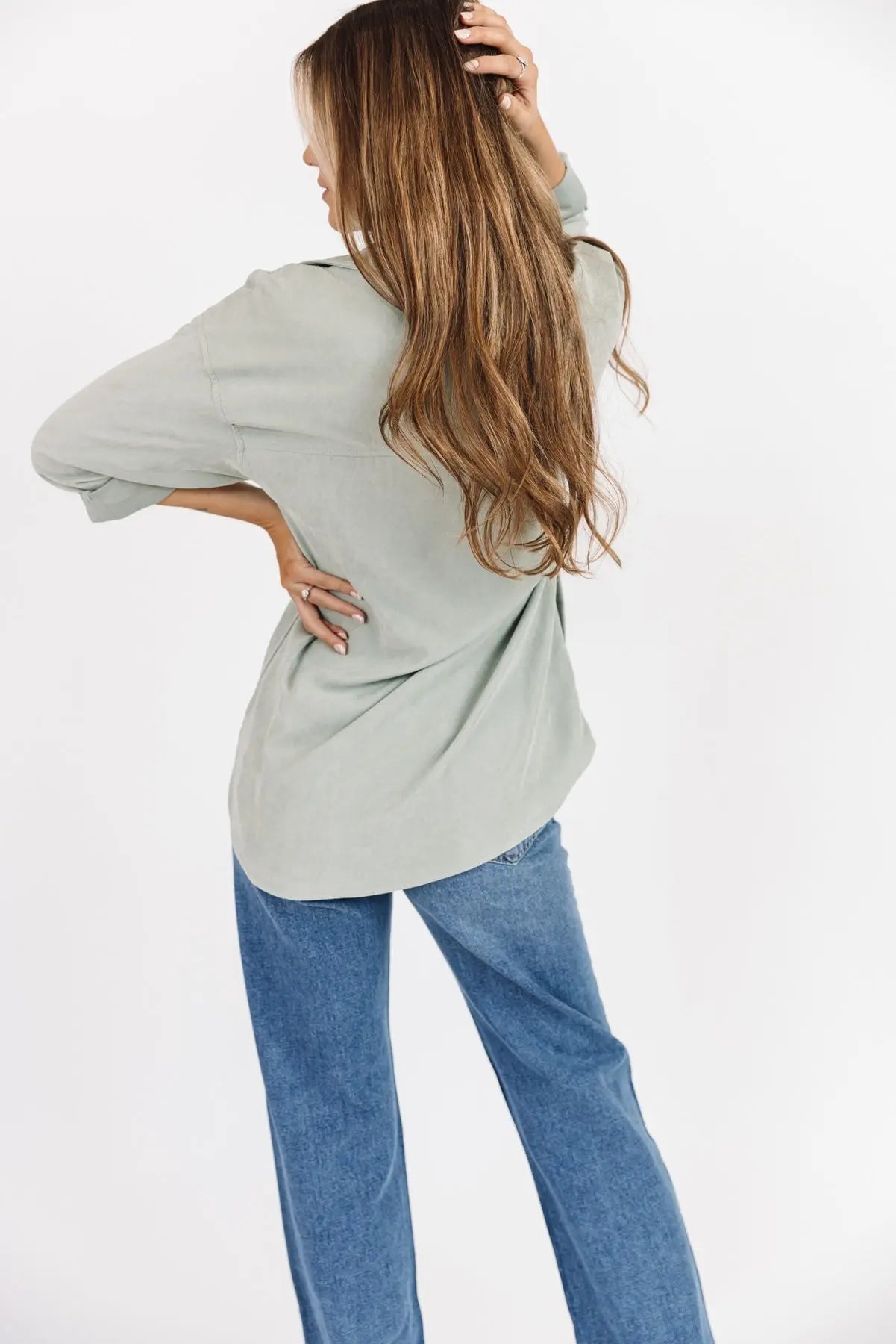 Arden Sage Faux Suede Button Down - JO+CO