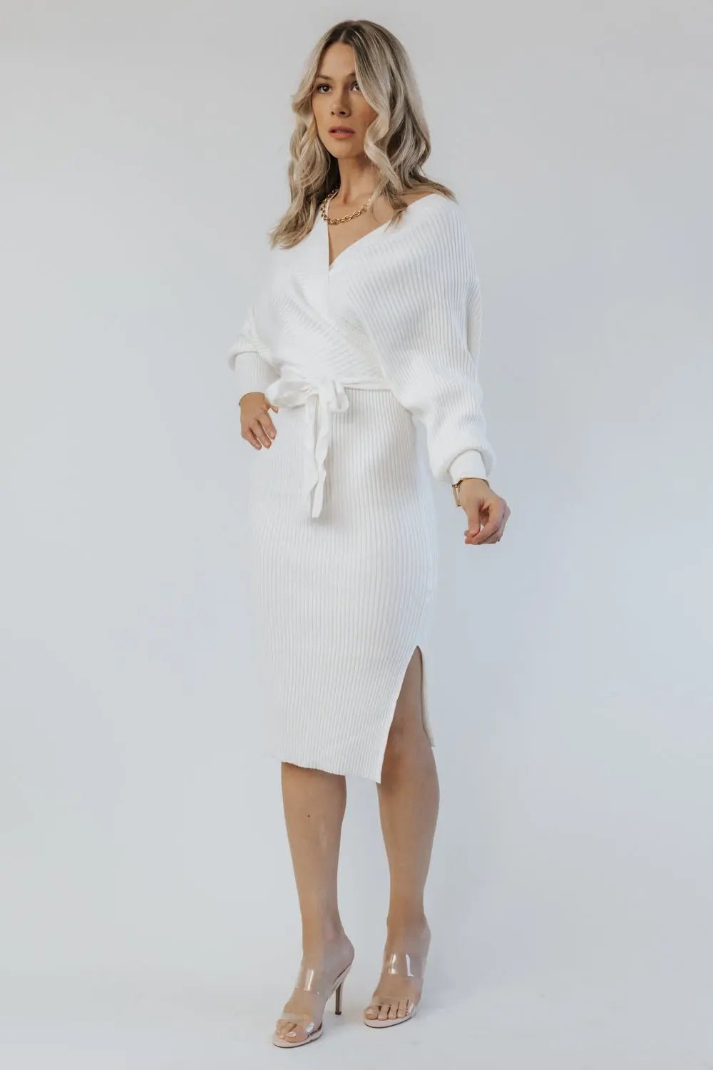 Ava White Knit Wrapped Midi Sweater Dress - FINAL SALE - JO+CO