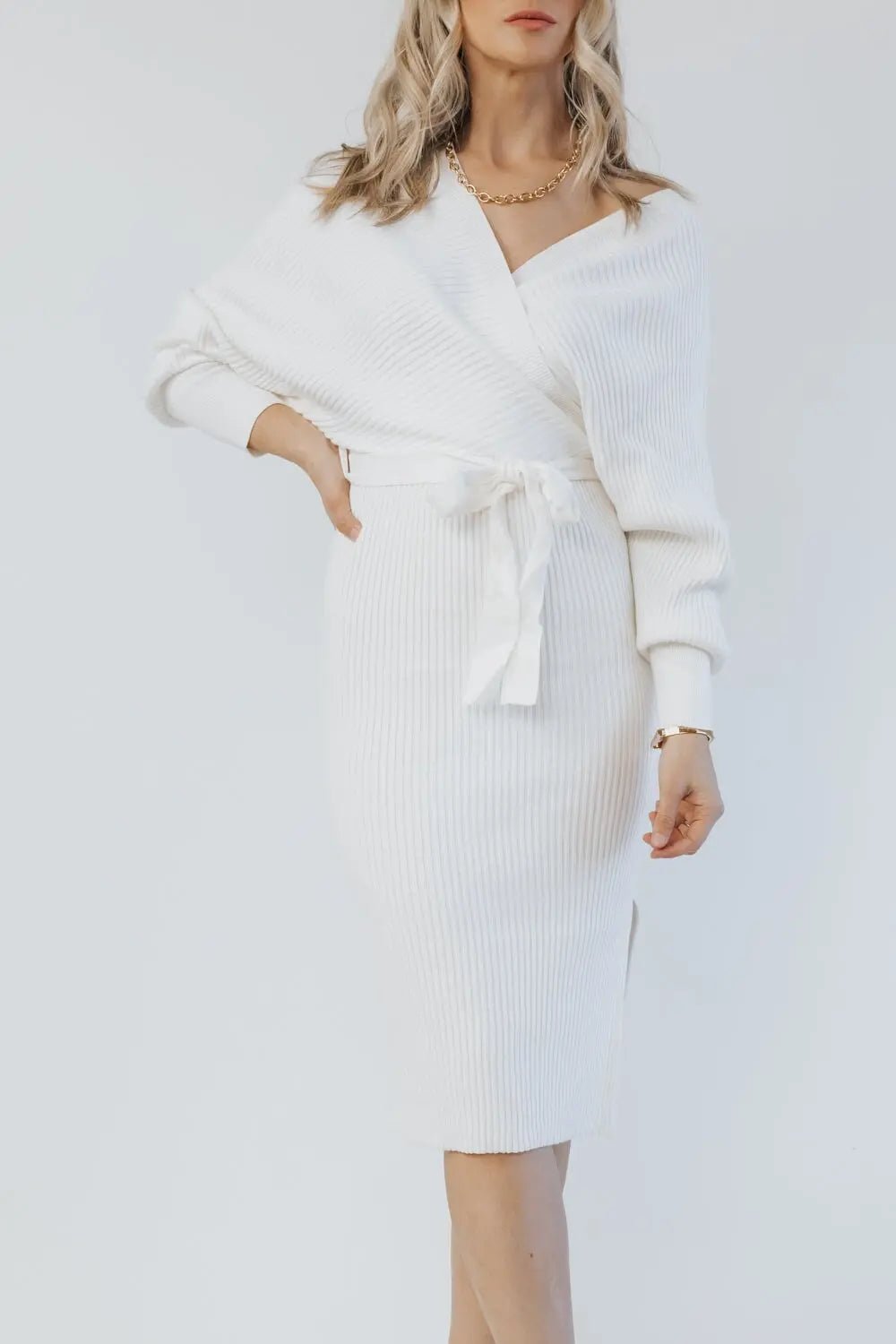 Ava White Knit Wrapped Midi Sweater Dress - FINAL SALE - JO+CO