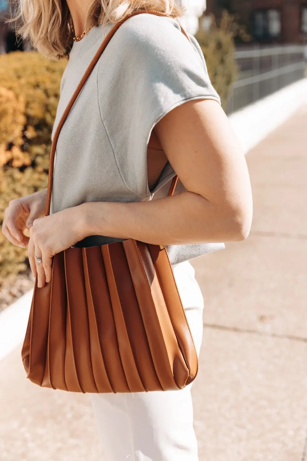 Carrie Pleated Vegan Shoulder Bag - SADDLE - FINAL SALE - JO+CO