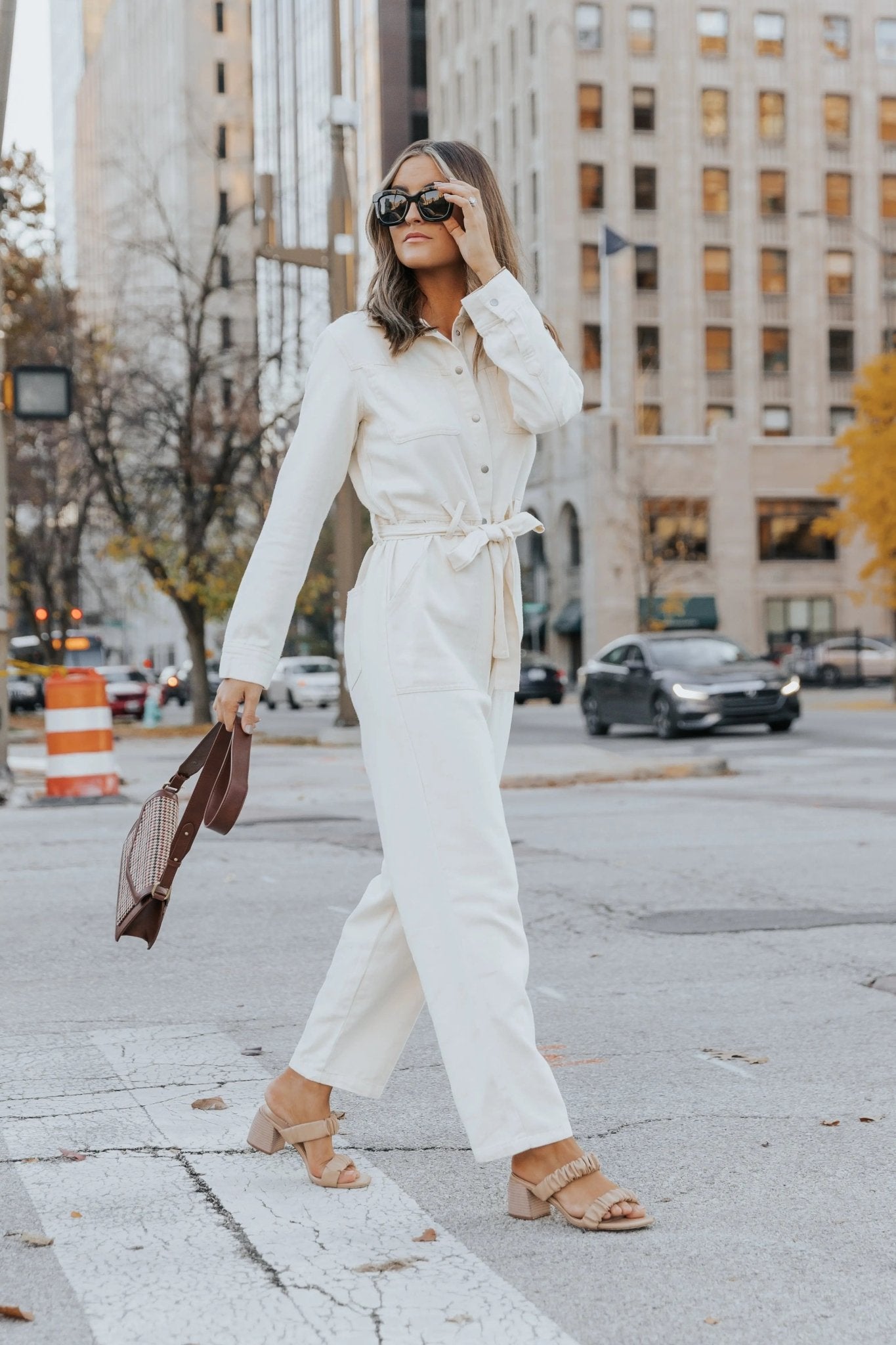 Glimpse Of Autumn Cotton Twill Utility Jumpsuit - VANILLA - FINAL SALE - JO+CO