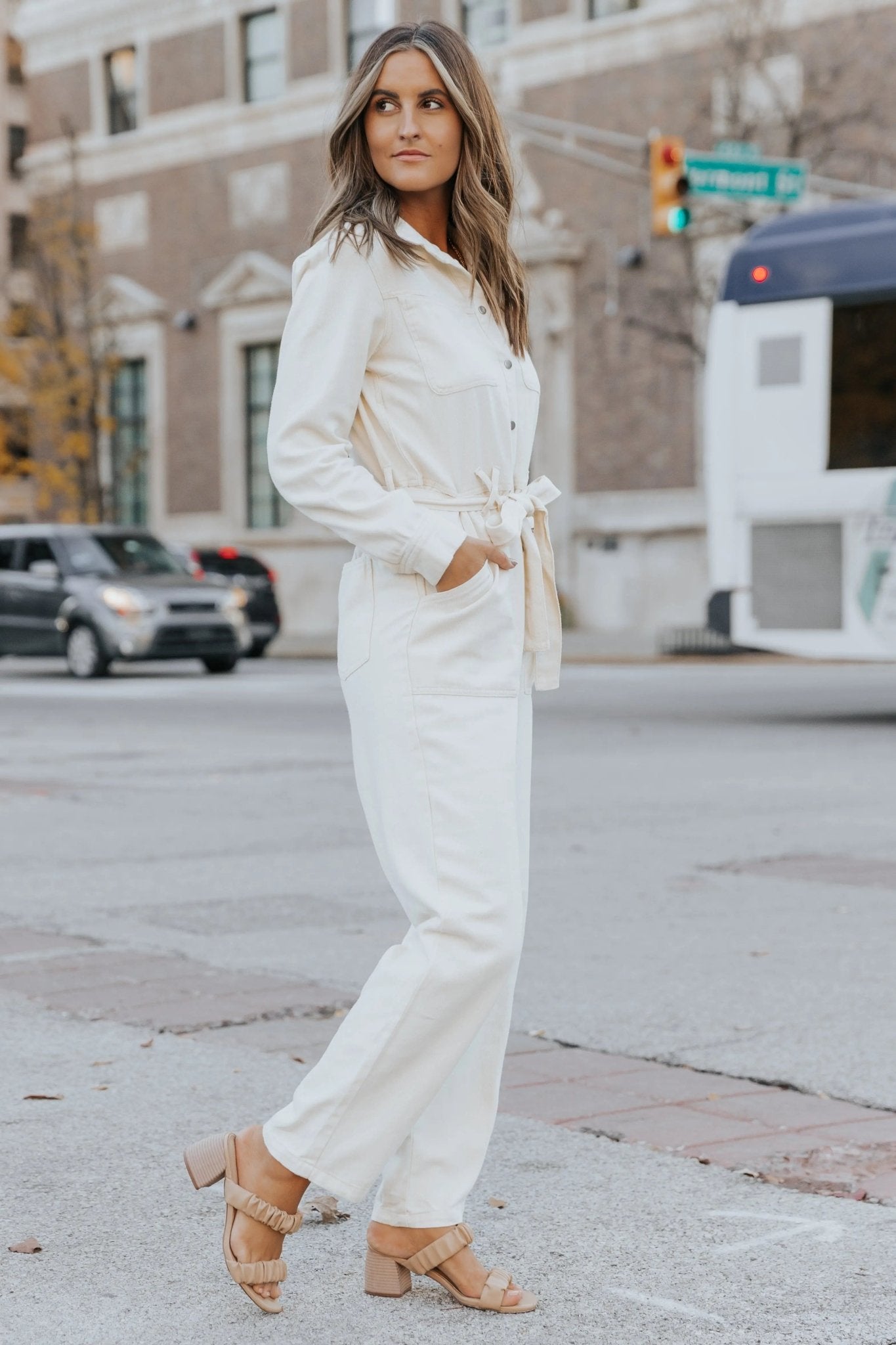 Glimpse Of Autumn Cotton Twill Utility Jumpsuit - VANILLA - FINAL SALE - JO+CO