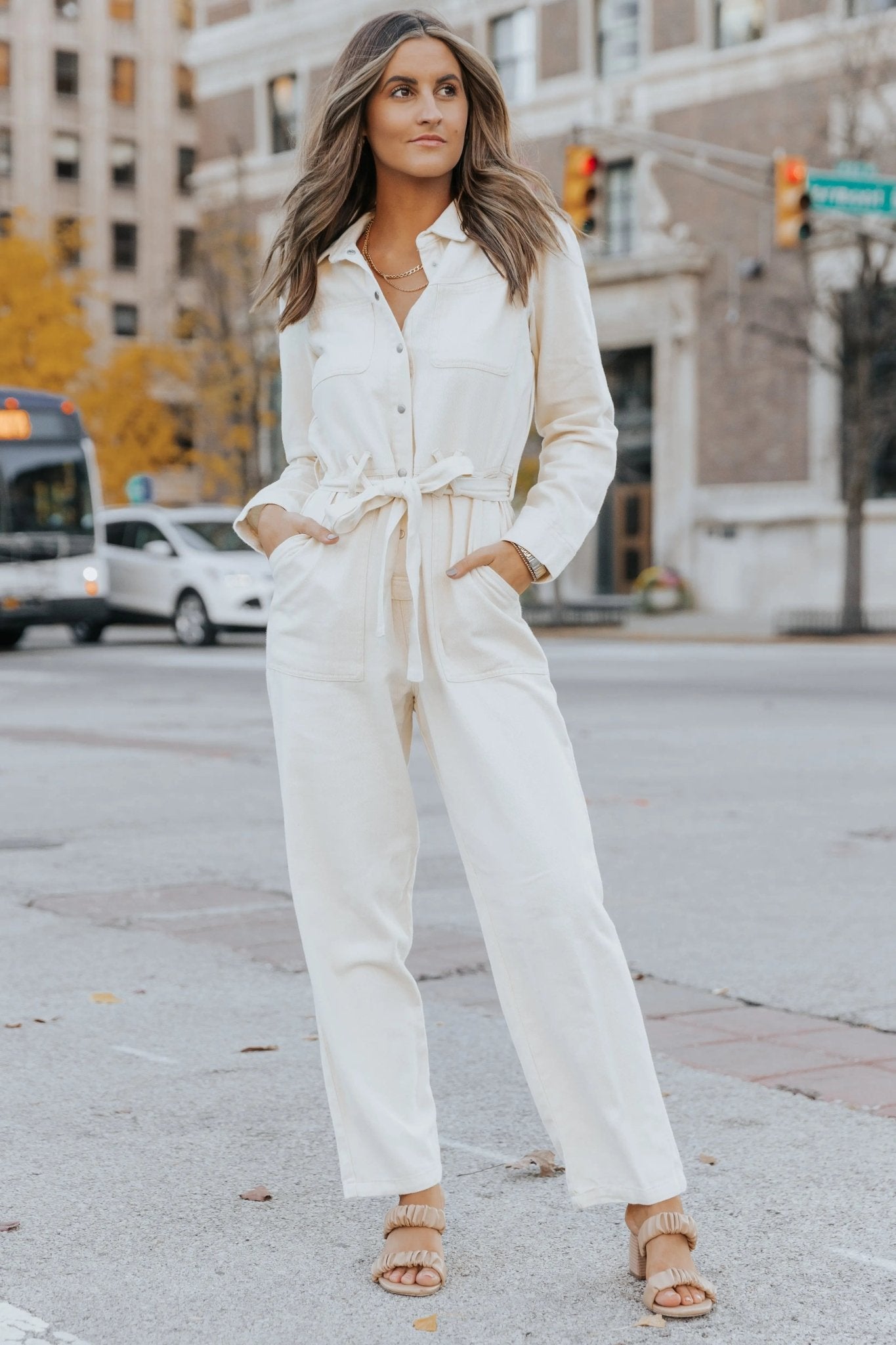 Glimpse Of Autumn Cotton Twill Utility Jumpsuit - VANILLA - FINAL SALE - JO+CO
